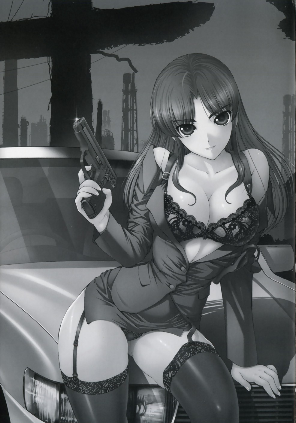 nishikawa kou, highres, 1girl, car, female focus, gun, handgun, lingerie, monochrome, motor vehicle, pistol, solo, thighhighs, underwear, weapon