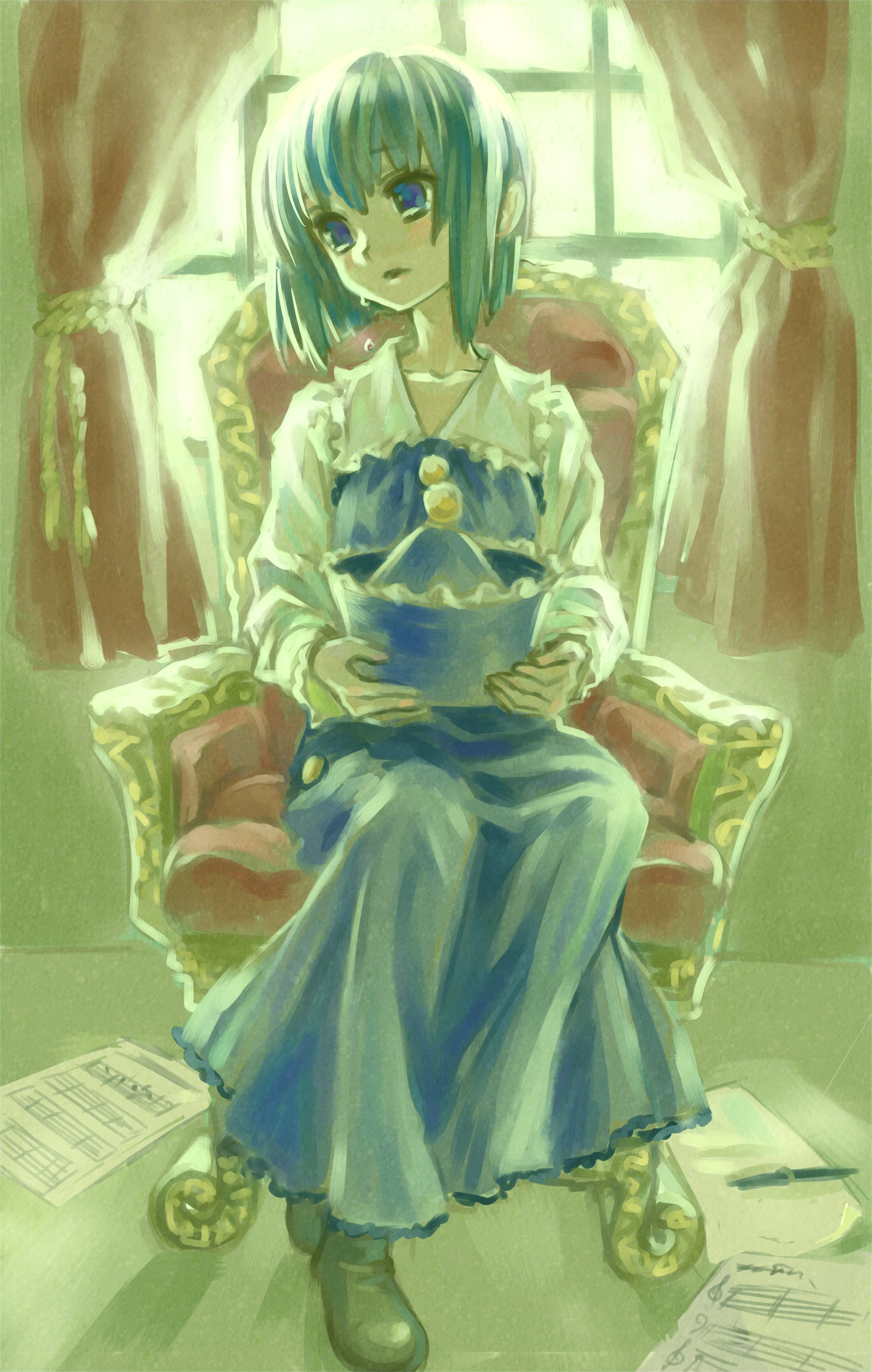 ama-tou, layla prismriver, touhou, absurdres, bad id, bad pixiv id, highres, 1girl, armchair, blue eyes, bob cut, chair, female focus, full body, green hair, hat, holding, holding unworn clothes, holding unworn hat, sad, sheet music, short hair, sitting, solo, tears, unworn hat, unworn headwear, window