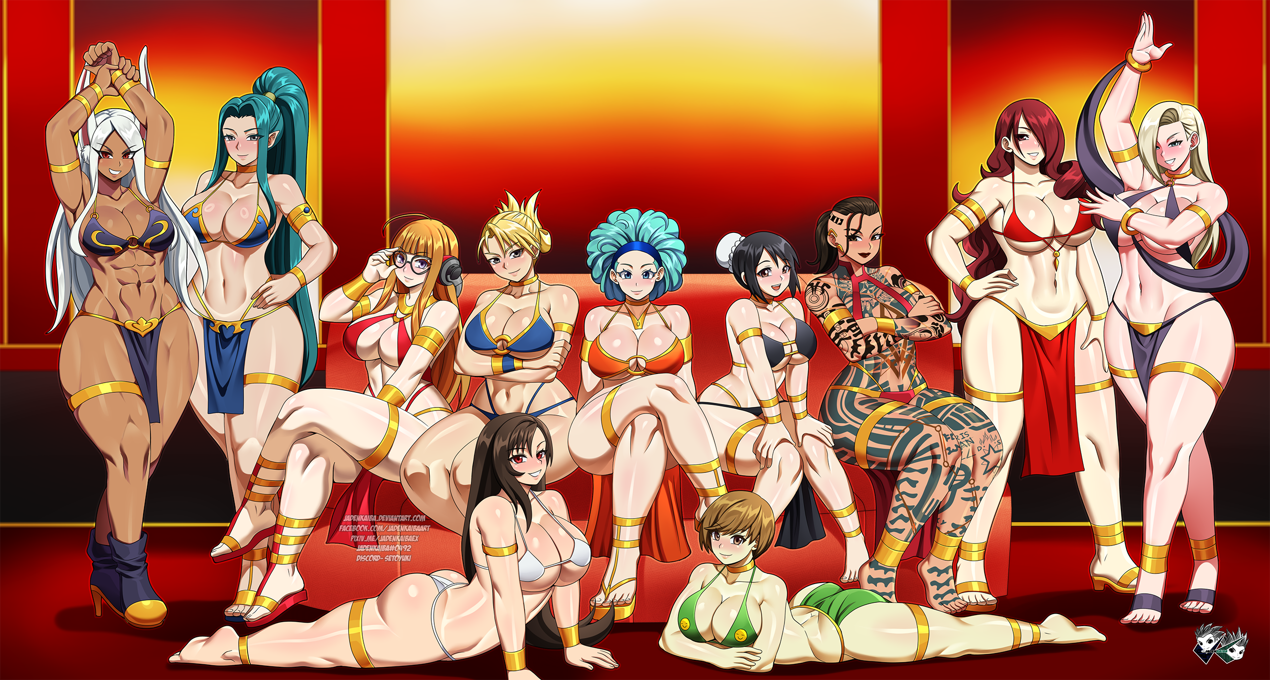 bulma, hinamori momo, jack (mass effect), kirijou mitsuru, mirko, riza hawkeye, sakura futaba, satonaka chie, tifa lockhart, yamanaka ino, bleach, boku no hero academia, dragon ball, final fantasy, final fantasy vii, fullmetal alchemist, mass effect, mass effect (series), naruto (series), persona, persona 3, persona 4, persona 5, tenchi muyou!, 6+girls, breasts, crossover, dark-skinned female, dark skin, large breasts, long hair, multiple girls