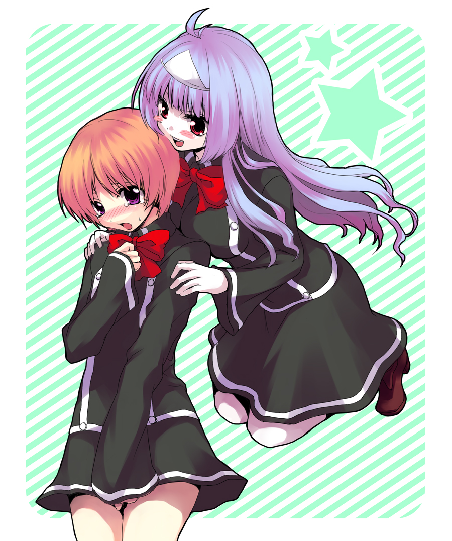 kajo, satsuki (quiz magic academy), yuri (quiz magic academy), yuu (quiz magic academy), quiz magic academy, bad id, bad pixiv id, blush, crossdressing, floating, miniskirt, school uniform, skirt