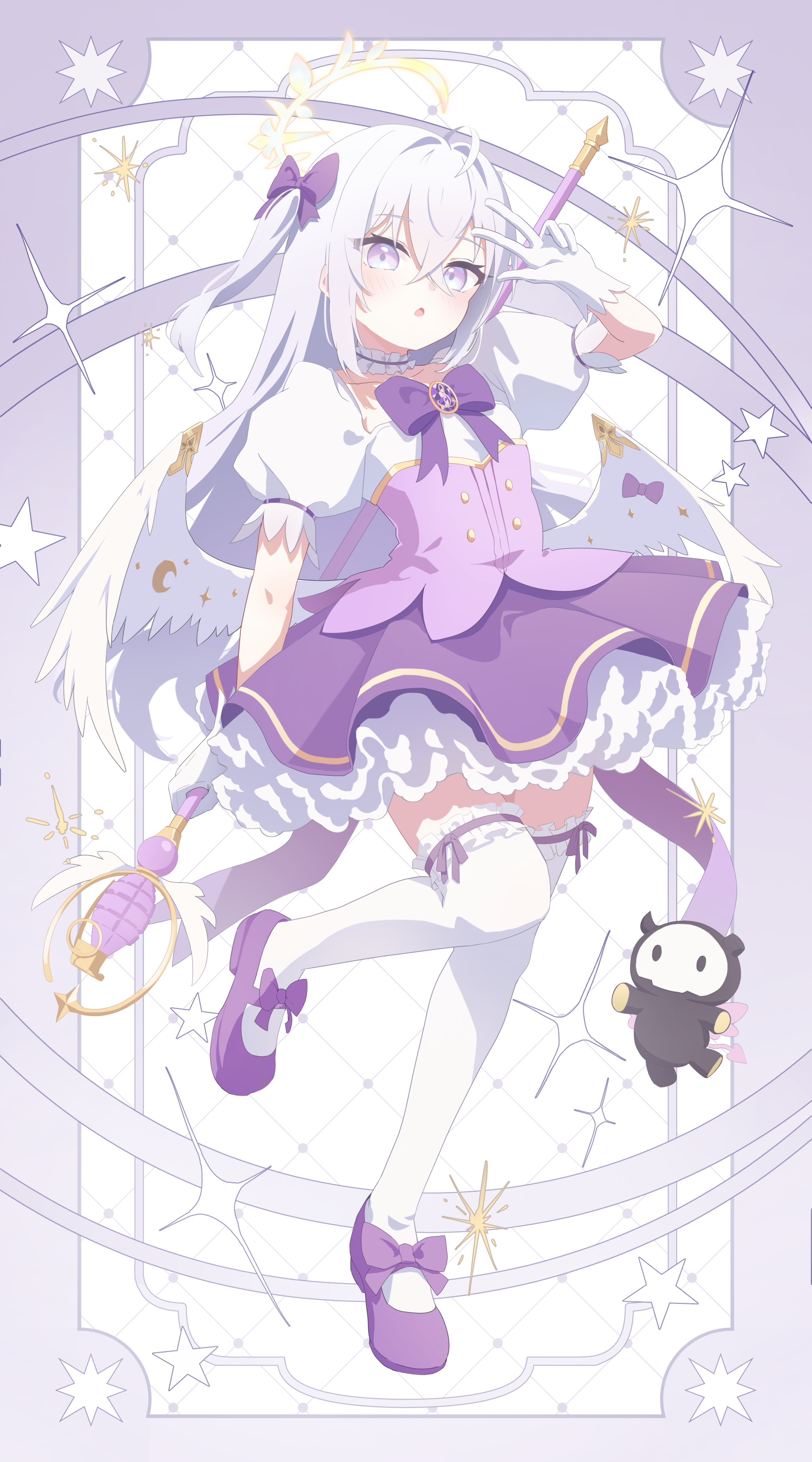 gaaratelier, azusa (blue archive), blue archive, absurdres, commentary request, highres, 1girl, ahoge, arm up, bow, crescent, feathered wings, gloves, grey eyes, grey hair, hair between eyes, hair bow, hair intakes, long hair, looking at viewer, magical girl, one side up, parted lips, puffy short sleeves, puffy sleeves, purple bow, purple shoes, purple skirt, shirt, shoes, short sleeves, skirt, solo, standing, standing on one leg, thighhighs, very long hair, w, white background, white gloves, white shirt, white thighhighs, white wings, wings