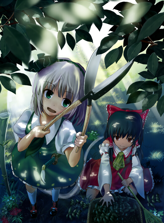 hidebo, hakurei reimu, konpaku youmu, konpaku youmu (ghost), touhou, silver hair, bad id, bad pixiv id, 2girls, black hair, bow, detached sleeves, female focus, foreshortening, from above, ghost, green eyes, hairband, hedge clippers, hedge trimmer, japanese clothes, katana, miko, multiple girls, rake, red eyes, ribbon, short hair, sword, weapon