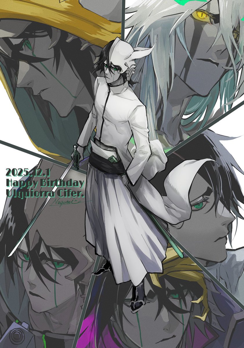 hishui prpr, ulquiorra cifer, bleach, commentary request, highres, 1boy, black hair, black socks, character name, closed mouth, coat, dated, facial mark, furrowed brow, green eyes, hair between eyes, hakama, half mask, happy birthday, holding, holding sword, holding weapon, japanese clothes, long coat, male focus, mask, multiple views, sandals, short hair, slit pupils, socks, solo, sword, weapon, white coat, white hair, white hakama, yellow eyes