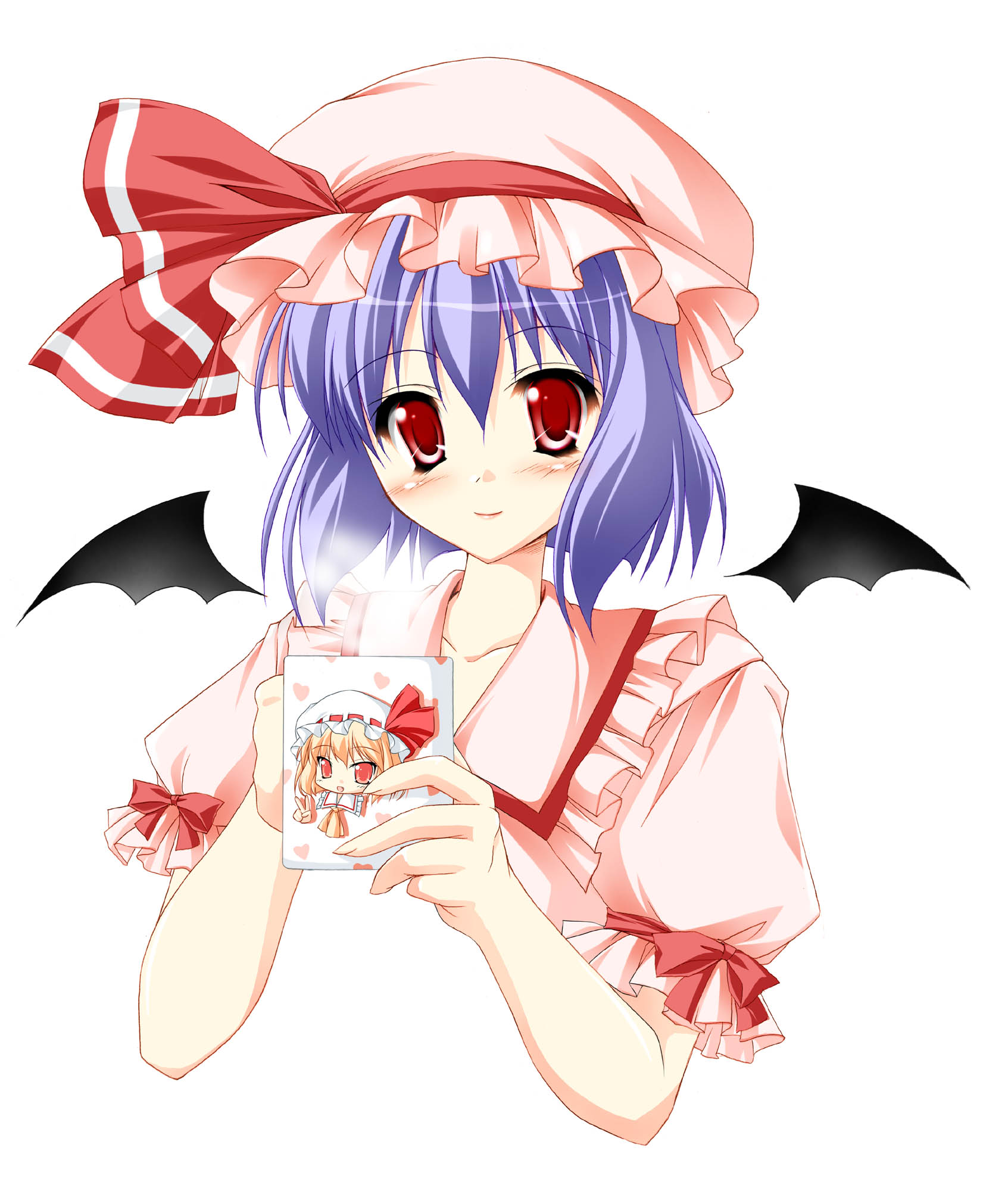 kamiya tomoe, flandre scarlet, remilia scarlet, touhou, light purple hair, highres, 1girl, bat wings, blonde hair, cup, female focus, hat, red eyes, short hair, simple background, solo, steam, upper body, v, white background, wings