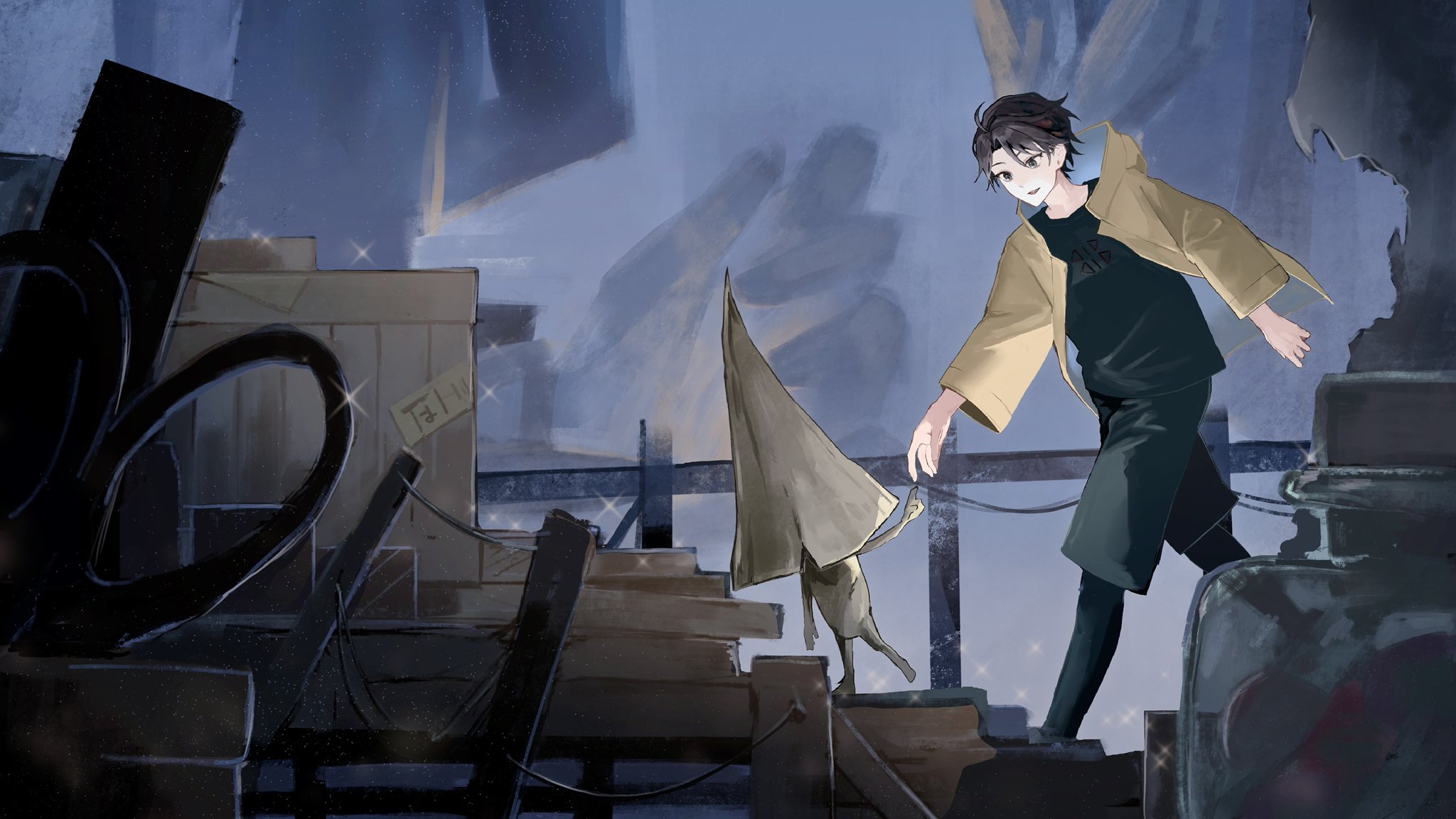 nome (little nightmares), saegusa akina, six (little nightmares), little nightmares, nijisanji, hashtag-only commentary, highres, 1boy, ahoge, alternate costume, black hair, black shirt, black shorts, cosplay, crate, fence, hood, hooded jacket, jacket, long sleeves, looking at another, open clothes, open jacket, open mouth, outstretched arm, ryaa ko, shirt, short hair, shorts, six (little nightmares) (cosplay), smile, standing, virtual youtuber, walking, yellow jacket