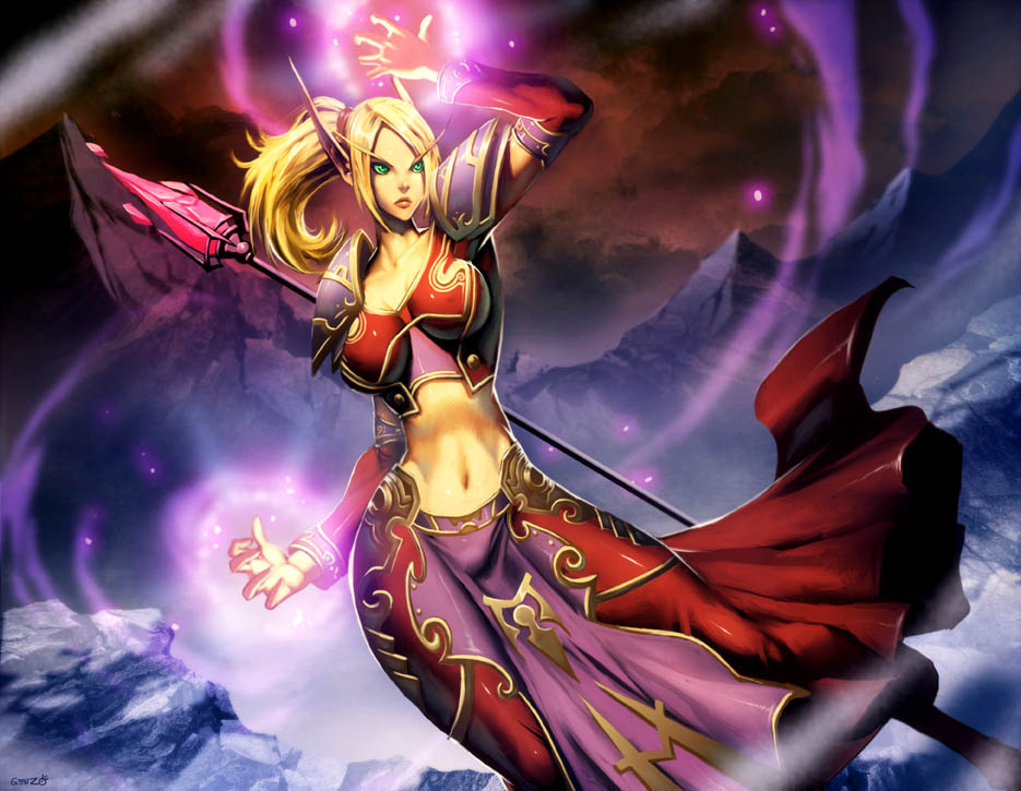 genzoman, blood elf (warcraft), warcraft, world of warcraft, 1girl, armor, blonde hair, breasts, cleavage, elf, female focus, green eyes, impossible clothes, impossible shirt, large breasts, long hair, magic, midriff, pointy ears, shirt, solo, staff