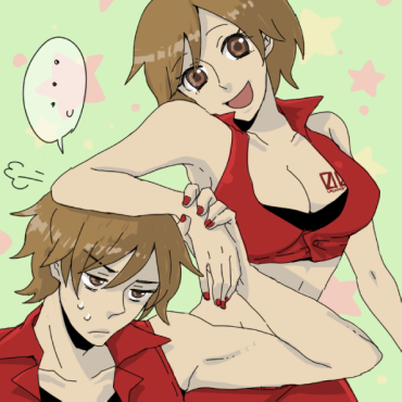 meiko (vocaloid), meito (vocaloid), vocaloid, lowres, …, 1boy, 1girl, breasts, brown hair, genderswap, genderswap (ftm), happy, large breasts, oekaki, short hair, speech bubble, spoken ellipsis, sweatdrop, tattoo