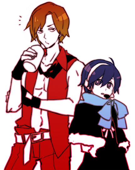 luo zi, kaiko (vocaloid), kaito (vocaloid), meiko (vocaloid), meito (vocaloid), vocaloid, md5 mismatch, 1boy, 1girl, belt, blue hair, bow, brown hair, couple, genderswap, genderswap (ftm), genderswap (mtf), gloves, headphones, necktie, scarf, short hair