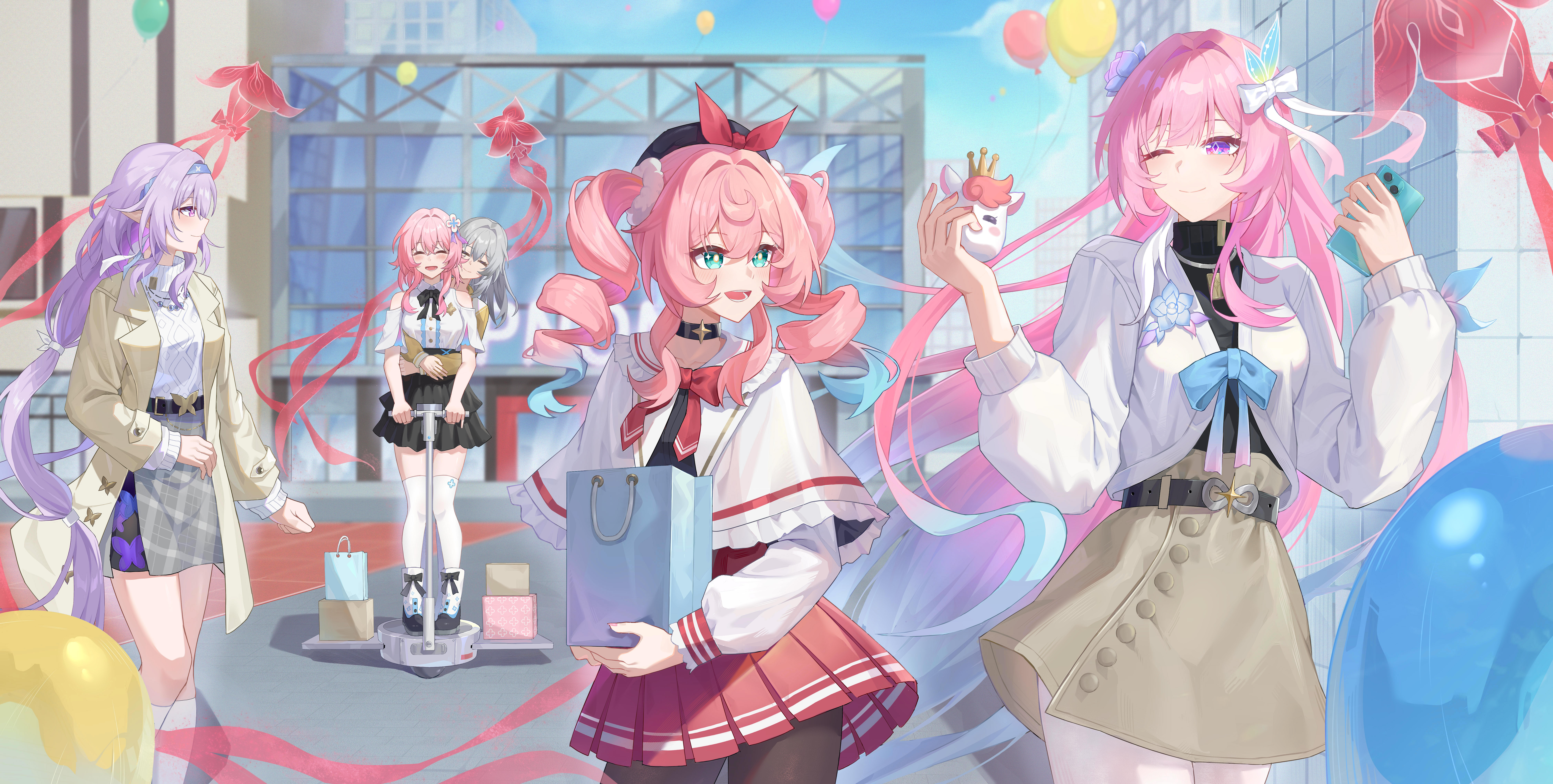 castorice (honkai: star rail), cyrene (honkai: star rail), cyrene (ripples of past reverie) (honkai: star rail), evernight (honkai: star rail), hyacine (honkai: star rail), little ica (honkai: star rail), march 7th (honkai: star rail), stelle (honkai: star rail), trailblazer (honkai: star rail), honkai: star rail, honkai (series), absurdres, commentary request, highres, 5girls, ;), aqua hair, bag, balloon, beret, black pantyhose, black skirt, blue hairband, blue sky, breasts, brown coat, brown skirt, coat, diamond-shaped pupils, diamond (shape), evey (honkai: star rail), grey hair, hairband, hat, holding, holding bag, hug, hug from behind, jellyfish, long hair, medium breasts, multicolored hair, multiple girls, one eye closed, pantyhose, pink hair, pointy ears, purple eyes, purple hair, purple skirt, red skirt, shirt, skirt, sky, smile, sweater, symbol-shaped pupils, thighhighs, thighs, twintails, two-tone hair, very long hair, w-baiye, white coat, white hair, white pantyhose, white shirt, white sweater, white thighhighs