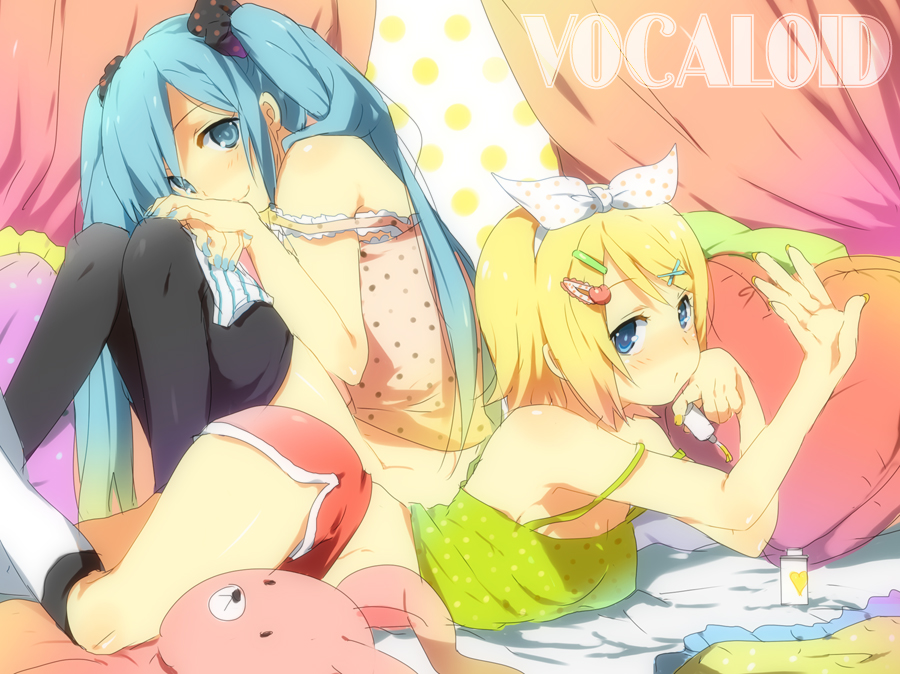 kl (dgzonbi), hatsune miku, kagamine rin, vocaloid, 2girls, blonde hair, blue hair, blue nails, bottle, bottomless, bow, cosmetics, hair ornament, heart, heart-shaped pillow, long hair, multiple girls, nail polish, nail polish bottle, no panties, panties, pillow, polka dot, rabbit, short hair, shorts, strap slip, striped clothes, striped panties, stuffed animal, stuffed rabbit, stuffed toy, thighhighs, underwear, unworn panties, yellow nails