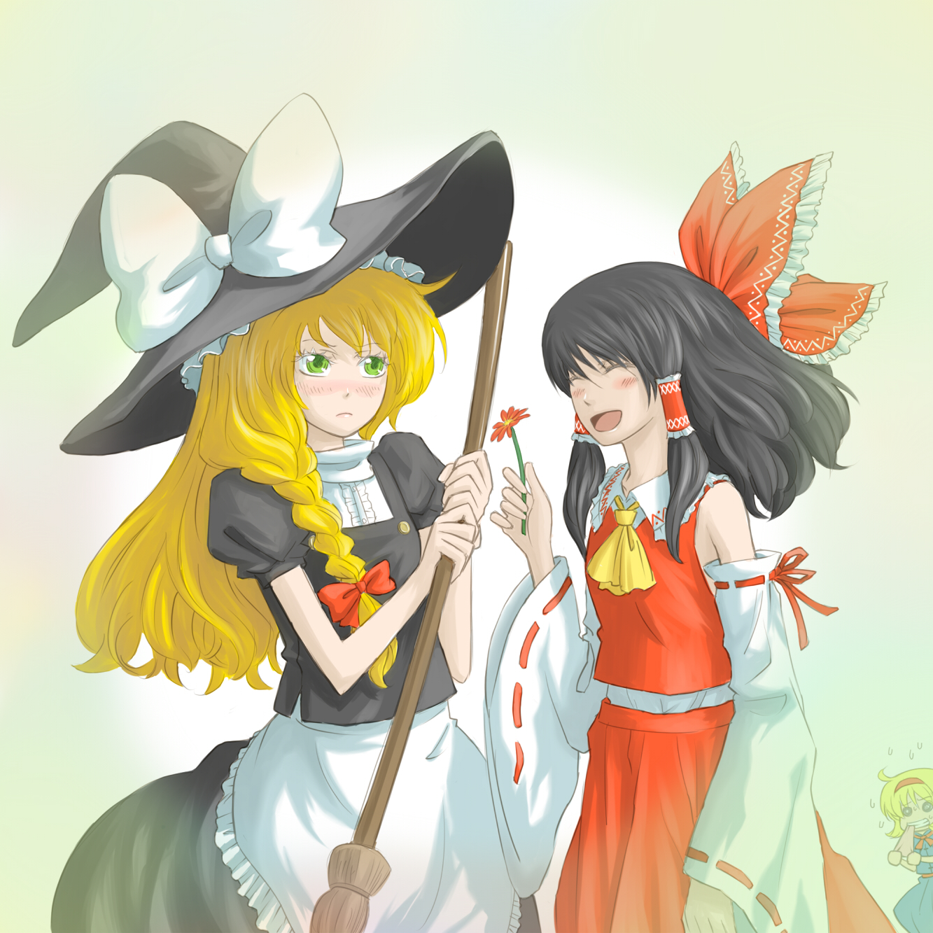 magaretto, alice margatroid, hakurei reimu, kirisame marisa, touhou, bad id, bad pixiv id, highres, 2girls, black hair, blonde hair, blush, bow, braid, broom, detached sleeves, female focus, flower, green eyes, hairband, hat, japanese clothes, miko, multiple girls, short hair, witch, witch hat