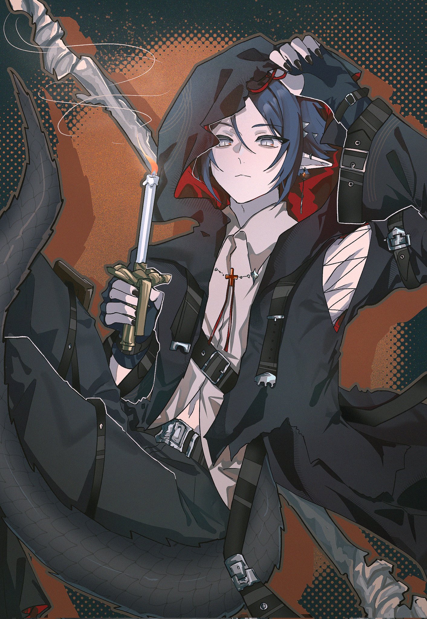 aryo 77c, zuo le (arknights), arknights, commentary, english commentary, highres, 1boy, arm up, black gloves, black jacket, black nails, black pants, blue hair, candle, collared shirt, dress shirt, feet out of frame, fingerless gloves, fire, gloves, grey eyes, grey shirt, hair between eyes, holding, hood, hood up, hooded jacket, jacket, long sleeves, male focus, nail polish, pants, pointy ears, shirt, solo, tail, wide sleeves