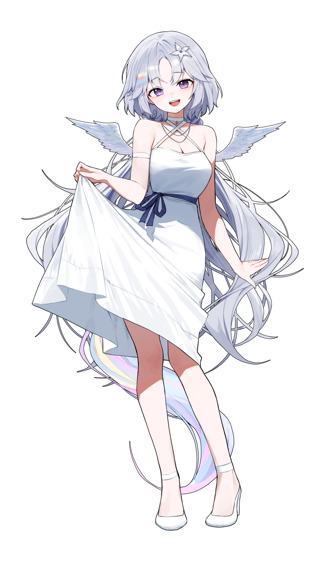 huhi (huhi 1211), ayatsuno yuni, stellive, absurdres, hashtag-only commentary, highres, 1girl, full body, grey hair, long hair, looking at viewer, open mouth, purple eyes, simple background, smile, solo, standing, very long hair, virtual youtuber, white background, white wings, wings