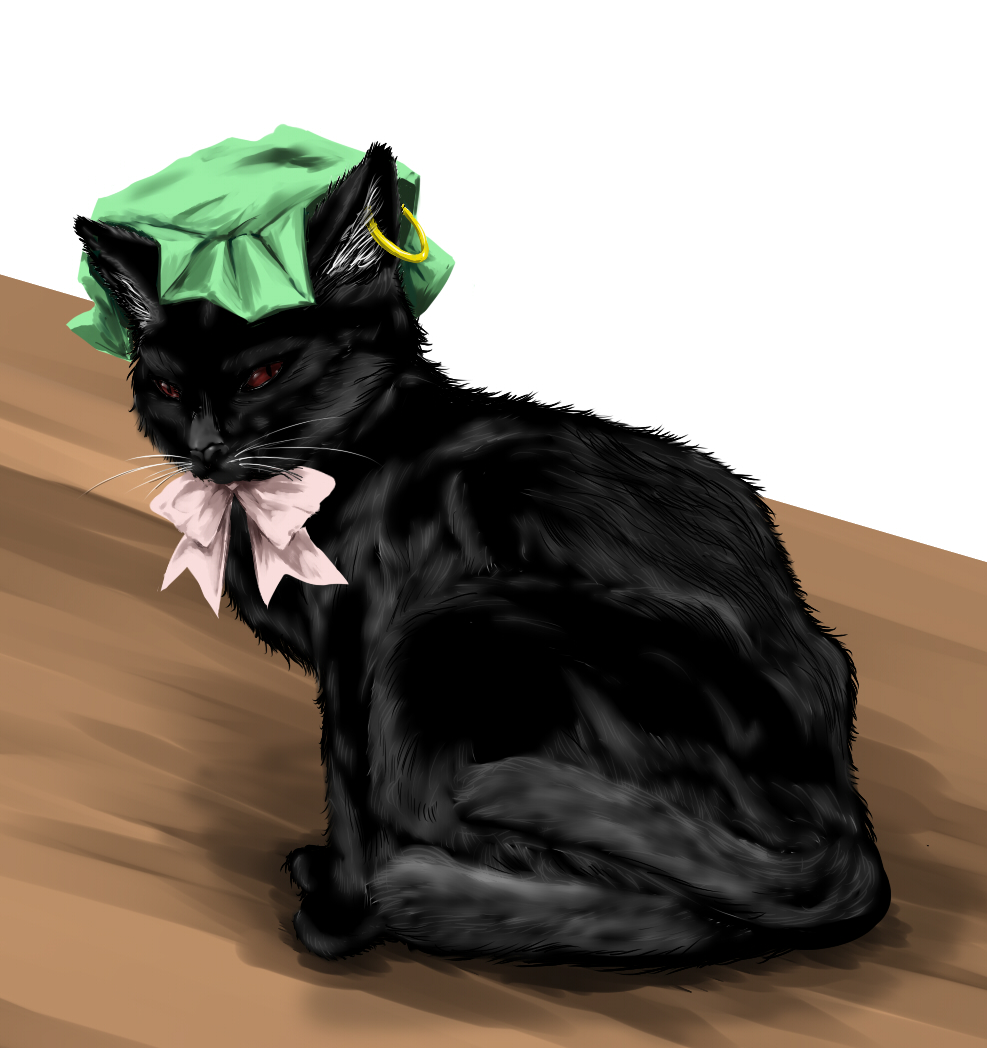 itsuku, chen, chen (cat), touhou, 1girl, animal, bow, cat, clothed animal, earrings, female focus, hat, jewelry, multiple tails, realistic, solo, tail