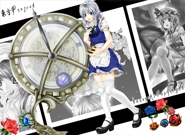 sakurai yuki (pixiv), izayoi sakuya, remilia scarlet, touhou, silver hair, bad id, bad pixiv id, 1girl, bat wings, blue eyes, braid, female focus, flower, hat, maid, maid headdress, mary janes, partially colored, plant, pocket watch, shoes, short hair, skirt, solo, thighhighs, twin braids, watch, wings