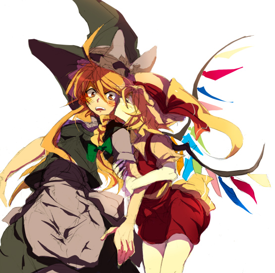 toriko (hatoriko), flandre scarlet, kirisame marisa, touhou, arm grab, bad id, bad pixiv id, 2girls, blonde hair, blush, braid, closed eyes, female focus, hat, kiss, kissing cheek, multiple girls, surprised, wings, witch, witch hat, yuri