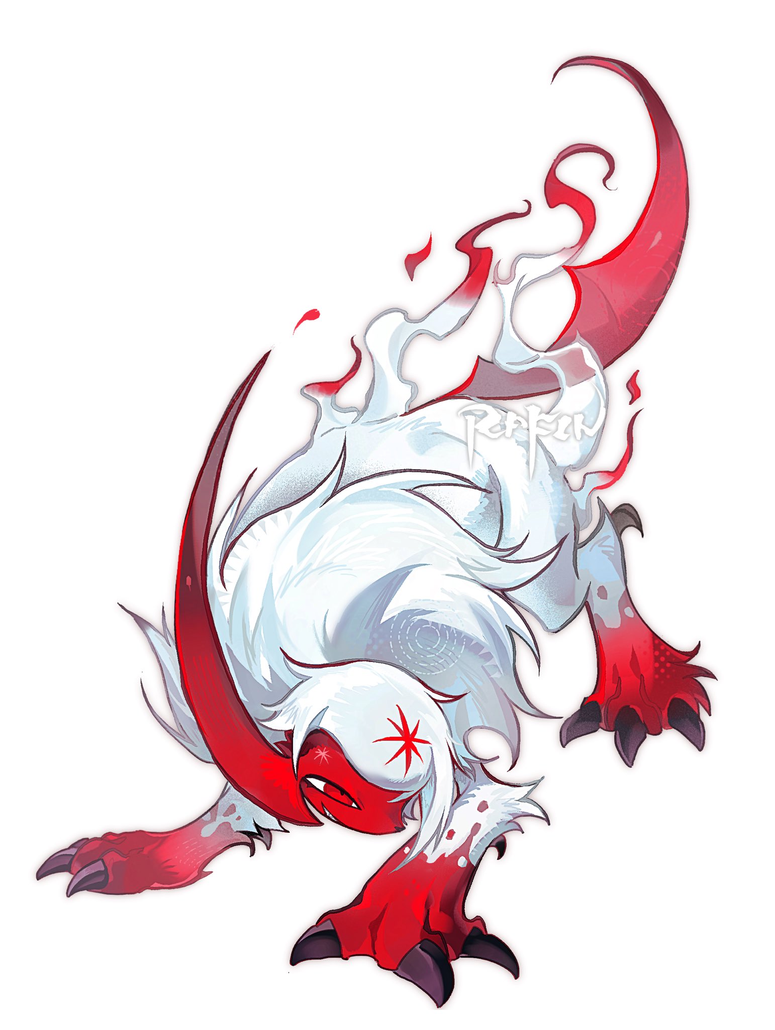 bairizuomeng, absol, nintendo, pokemon, commentary, english commentary, highres, alternate color, claws, gen 3 pokemon, grin, no humans, official alternate color, pokemon (creature), red eyes, sharp teeth, shiny pokemon, simple background, smile, teeth, white background, white fur