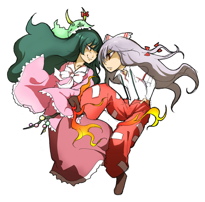 tokomichi, ex-keine, fujiwara no mokou, houraisan kaguya, kamishirasawa keine, kamishirasawa keine (hakutaku), sukusuku hakutaku, touhou, bad id, bad pixiv id, 3girls, :3, angry, biting, confrontation, eye contact, female focus, fire, hair ribbon, horn ornament, horn ribbon, horns, kicking, long hair, looking at another, multiple girls, pants, red eyes, ribbon, simple background, suspenders