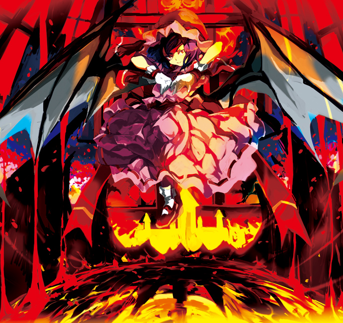 toriko (hatoriko), remilia scarlet, touhou, 1girl, bat wings, blood, female focus, fire, solo, wings