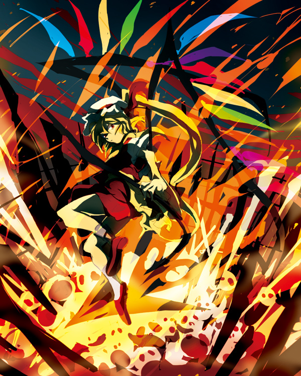 toriko (hatoriko), flandre scarlet, embodiment of scarlet devil, touhou, 1girl, asymmetrical hair, burning, crystal, dark background, demon wings, dress, explosion, female focus, fire, flying, full body, hat, hat ribbon, holding, holding weapon, kneehighs, long hair, looking at viewer, mob cap, puffy short sleeves, puffy sleeves, red dress, red eyes, red ribbon, red shoes, ribbon, shoes, short sleeves, side ponytail, socks, solo, weapon, white hat, white socks, wings