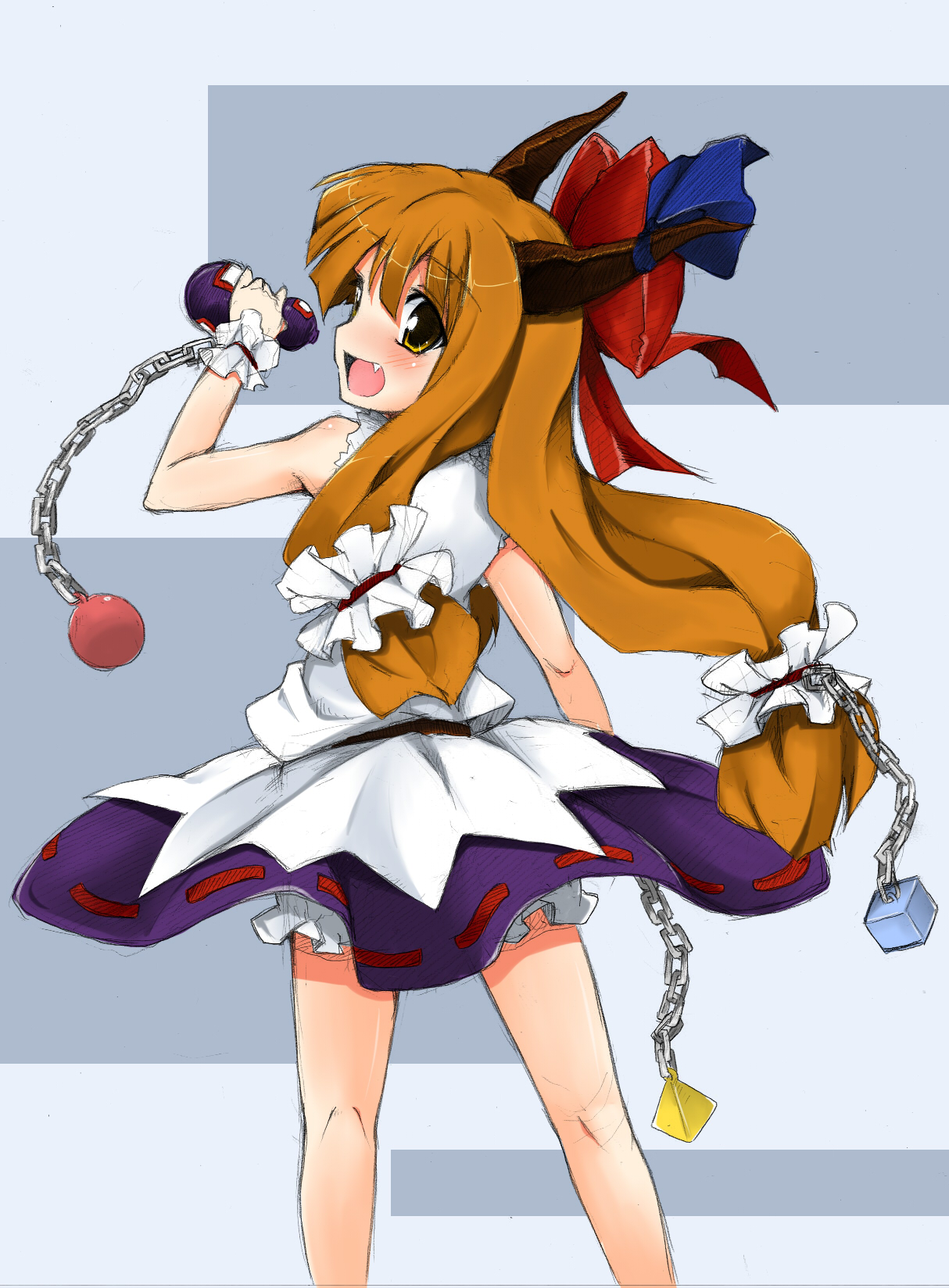 morino harifu, ibuki suika, touhou, highres, 1girl, chain, fang, female focus, gourd, horns, long hair, looking back, orange hair, solo, yellow eyes