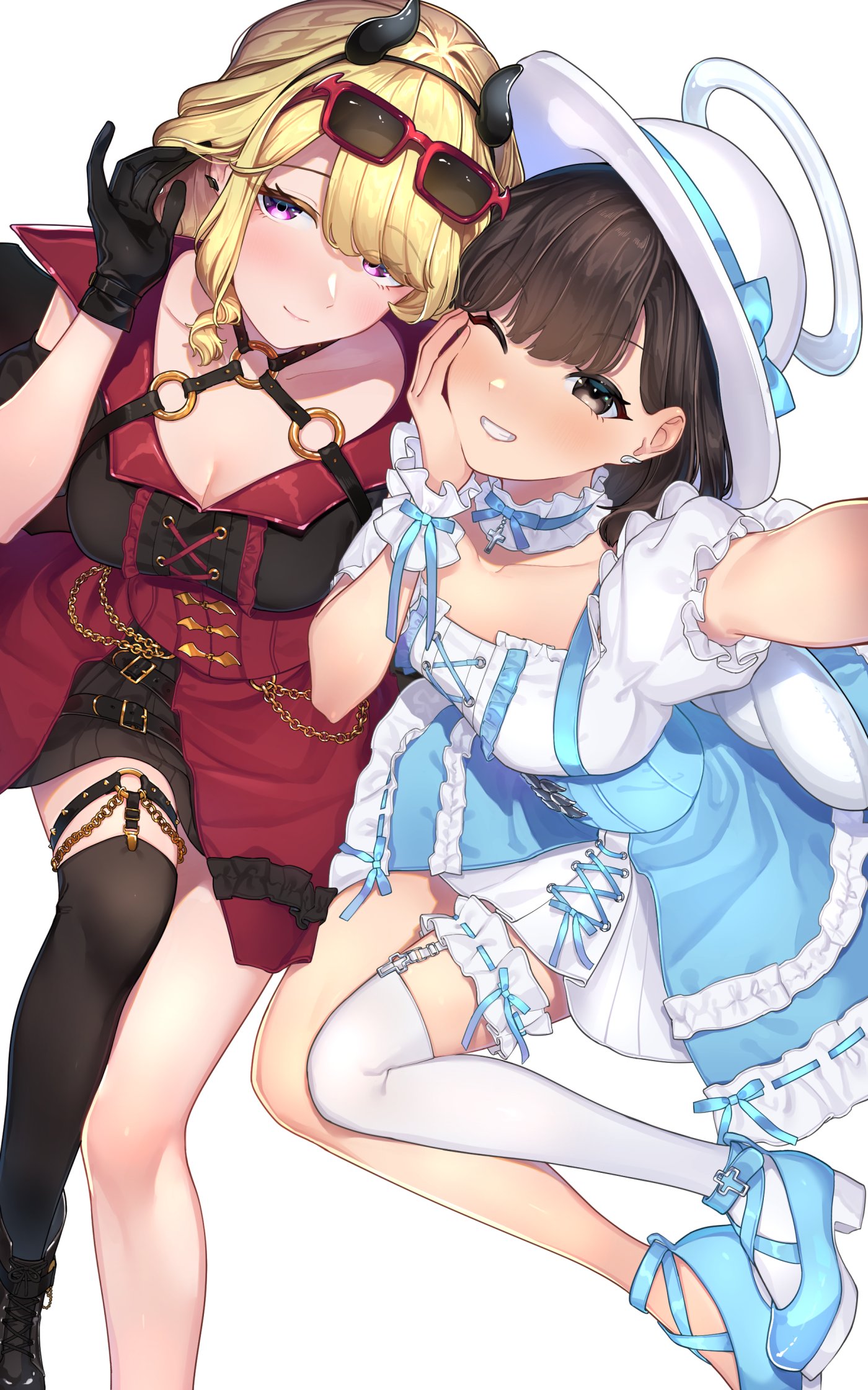 wankosoba (wanwan soba), maribel hearn, usami renko, touhou, commentary request, highres, 2girls, alternate costume, alternate hat color, black boots, black dress, black gloves, black socks, blonde hair, blue bow, blue shoes, blush, boots, bow, brown eyes, brown hair, chain, choker, collared dress, cross, demon horns, dress, earrings, eyes visible through hair, feet out of frame, frilled sleeves, frills, gloves, grin, halo, hand in own hair, hand on own cheek, hand on own face, hat, hat bow, headband, horns, jewelry, latin cross, legwear garter, long hair, looking at viewer, medium hair, multiple girls, one eye closed, over-kneehighs, pink eyes, ribbon-trimmed dress, ribbon trim, shoes, short sleeves, simple background, single legwear garter, single over-kneehigh, single thighhigh, smile, socks, sunglasses, thighhighs, white background, white choker, white dress, white hat, white socks, white wrist cuffs, wrist cuffs