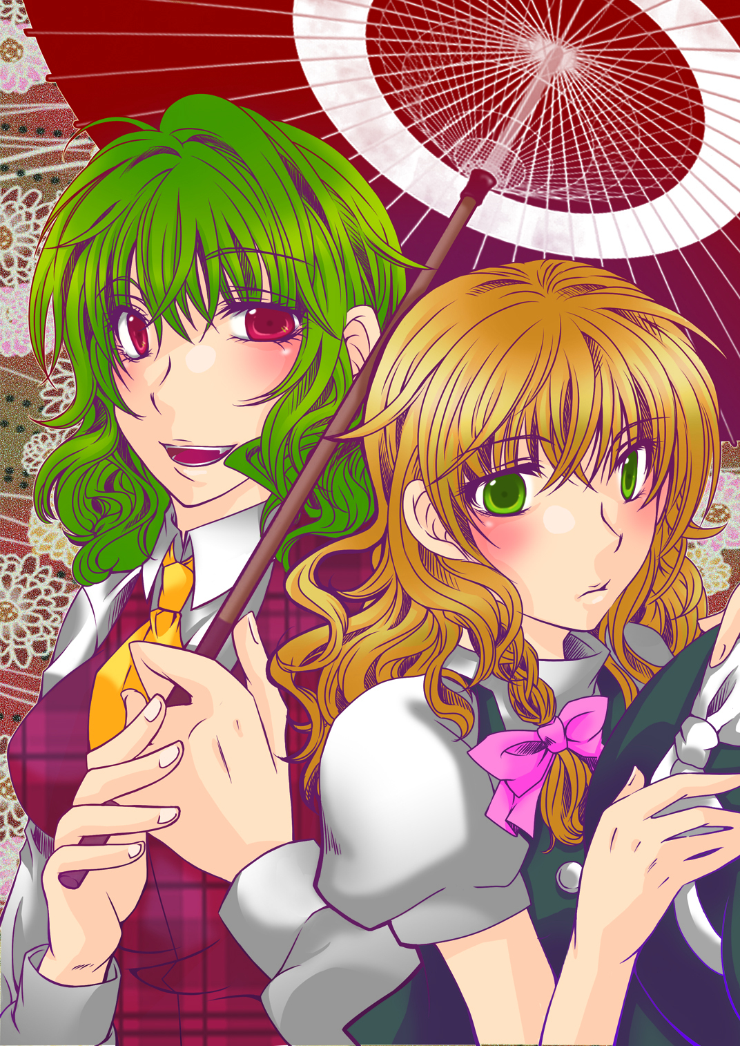 naokichi, kazami yuuka, kirisame marisa, phantasmagoria of flower view, touhou, bad id, bad pixiv id, highres, 2girls, blonde hair, blush, braid, fang, female focus, green eyes, green hair, hat, multiple girls, oil-paper umbrella, plaid clothes, plaid vest, red eyes, short hair, side braid, smile, umbrella, unmoving pattern, vest, wavy hair, witch, witch hat