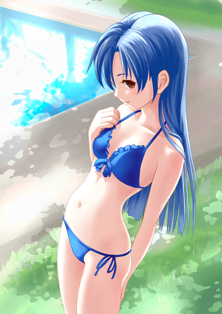 ponnetsu, kisaragi chihaya, idolmaster, idolmaster (classic), 00s, 1girl, bikini, blue bikini, blue hair, brown eyes, day, female focus, flat chest, front-tie top, grass, halterneck, long hair, nature, navel, outdoors, pool, side-tie bikini bottom, solo, string bikini, swimsuit