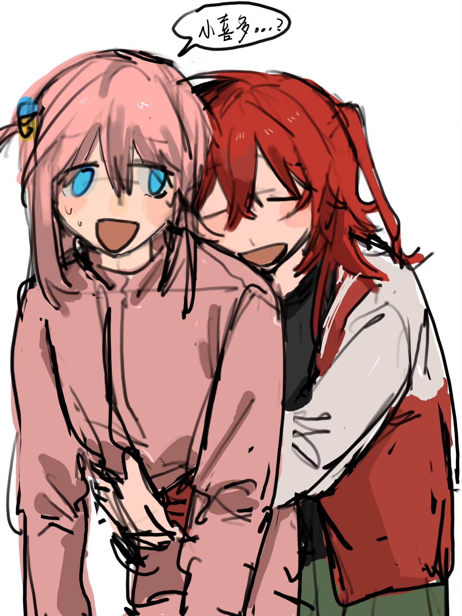 lingyi, gotoh hitori, kita ikuyo, bocchi the rock!, chinese commentary, commentary request, highres, translation request, 2girls, black shirt, blue eyes, blush, chinese text, closed eyes, cube hair ornament, green skirt, hair ornament, hug, hug from behind, jacket, long hair, long sleeves, multiple girls, one side up, open mouth, pink hair, pink jacket, red hair, red jacket, shirt, simple background, skirt, speech bubble, sweatdrop, track jacket, white background