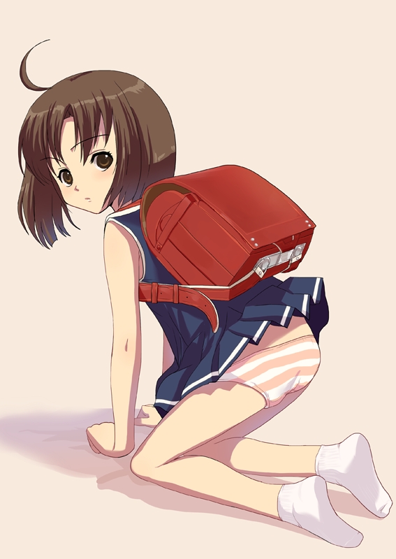 natori (natorism), original, 1girl, ahoge, backpack, bag, brown eyes, brown hair, dress, female focus, loli, panties, randoseru, socks, solo, striped clothes, striped panties, underwear