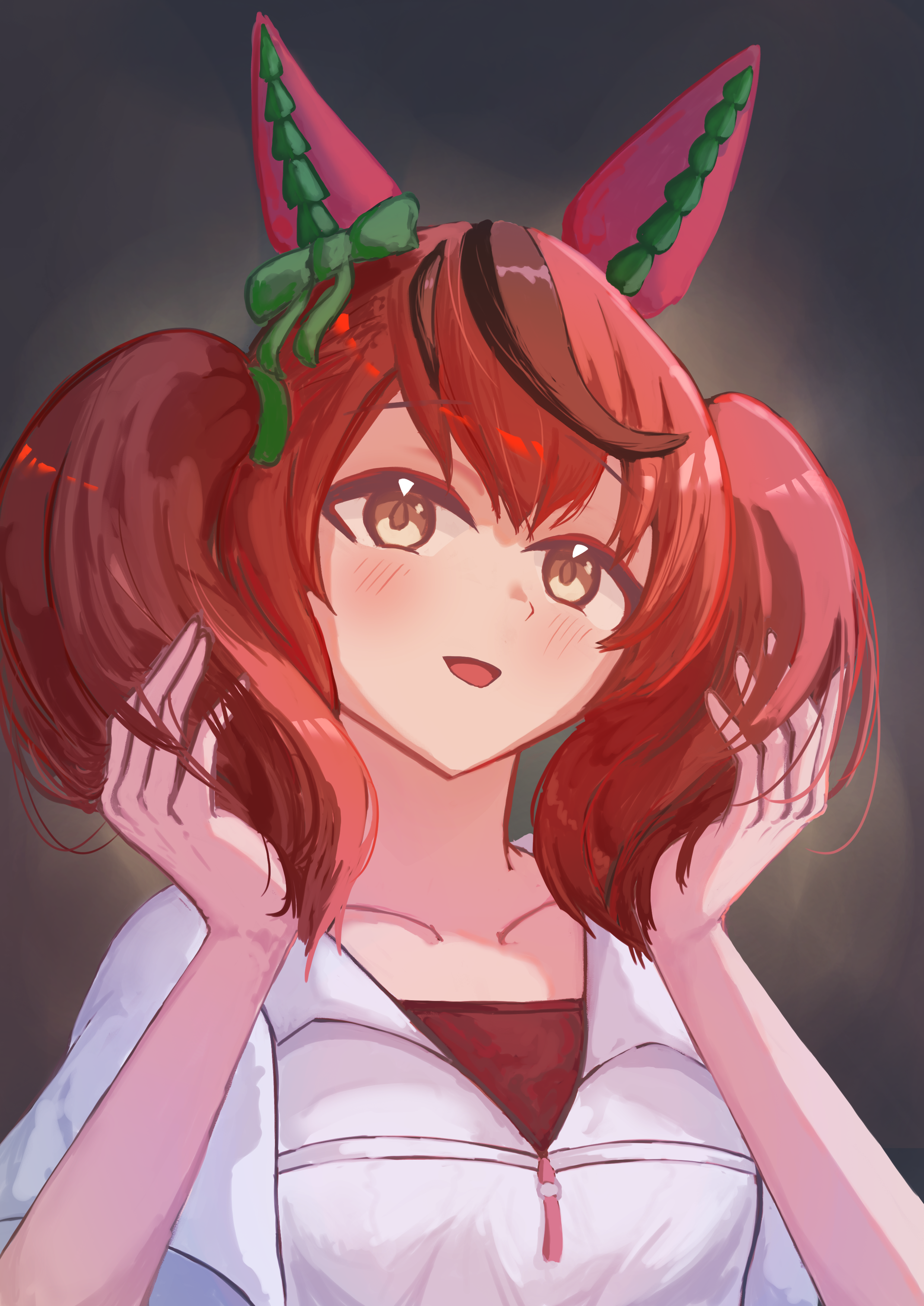 nice nature (casual) (umamusume), nice nature (umamusume), umamusume, absurdres, commentary, english commentary, highres, 1girl, animal ears, blush, bow, breasts, brown eyes, brown hair, casual, collarbone, ear bow, ear covers, ethyeal, green bow, horse ears, horse girl, looking at viewer, medium hair, multicolored hair, open mouth, red hair, shirt, short sleeves, smile, solo, streaked hair, twintails, upper body, white shirt