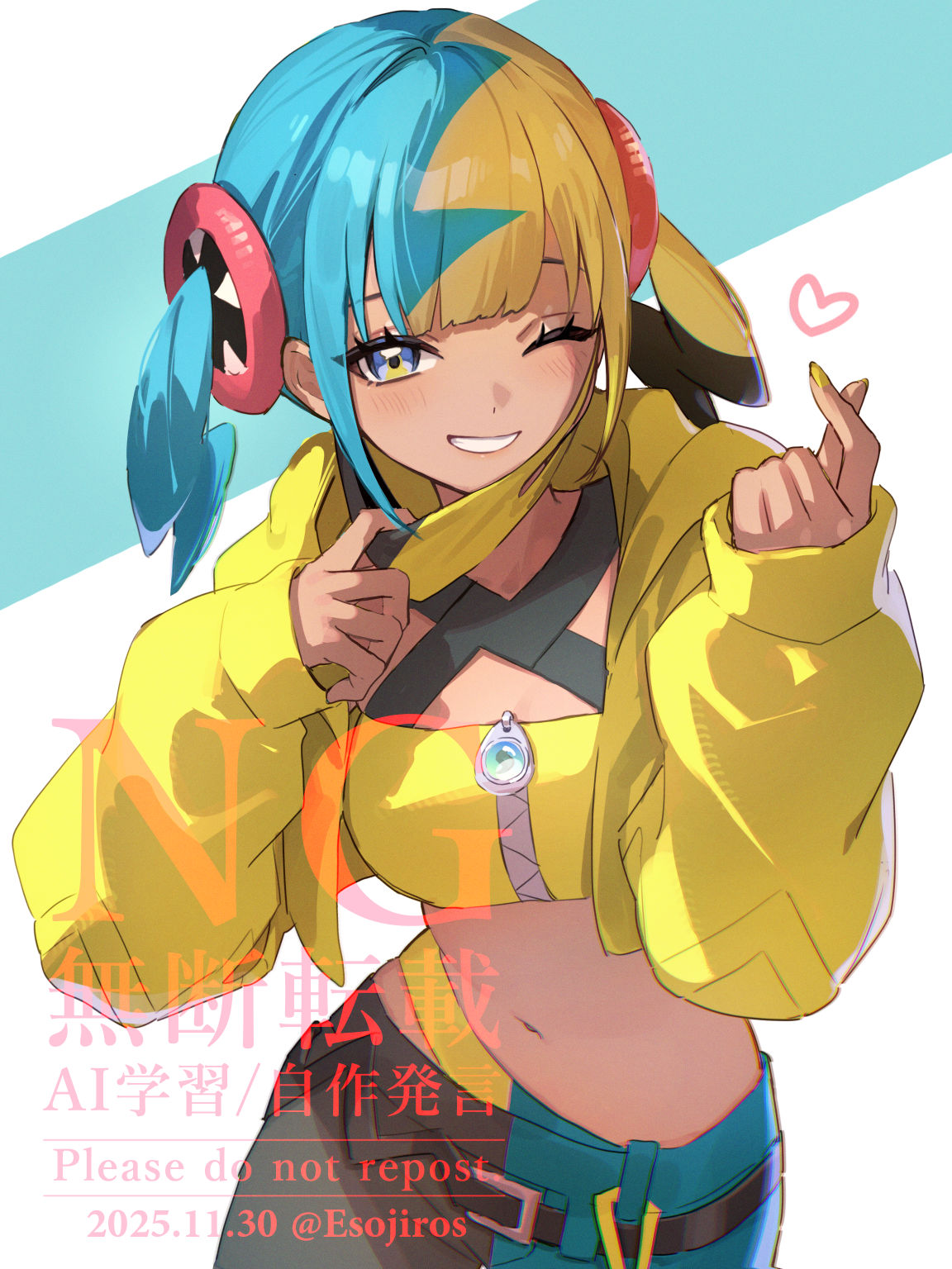 amaichi esora, canari (pokemon), nintendo, pokemon, pokemon legends: z-a, commentary request, highres, 1girl, aqua hair, bandeau, black mask, blonde hair, blue eyes, blush, breasts, criss-cross straps, dark-skinned female, dark skin, finger heart, heart, jacket, long sleeves, looking at viewer, mask, mask pull, mega stone, mouth mask, multicolored hair, navel, one eye closed, open mouth, pants, short twintails, smile, solo, split-color hair, sports bra, stomach, twintails, two-tone hair, two-tone mask, two-tone pants, yellow bandeau, yellow jacket, yellow mask, yellow nails, yellow sports bra