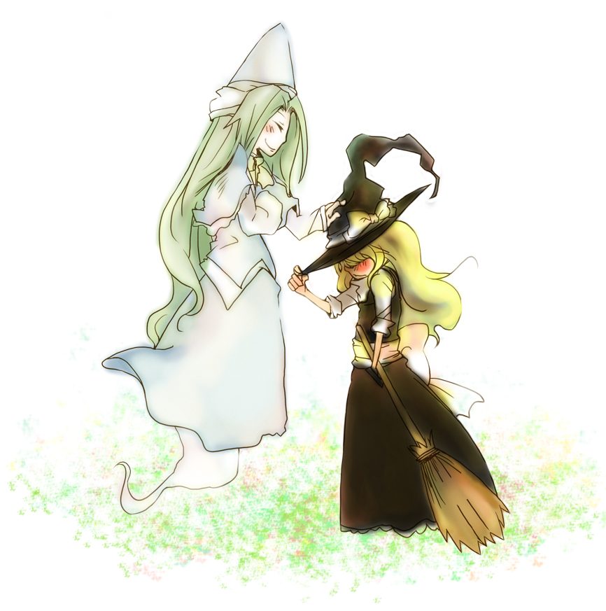 tokomichi, kirisame marisa, mima (touhou), touhou, touhou (pc-98), bad id, bad pixiv id, 2girls, blonde hair, blush, broom, dress, female focus, ghost, green hair, hand on headwear, hat, long hair, multiple girls, nature, outdoors, plant, profile, spirit, white background, witch, witch hat, wizard hat