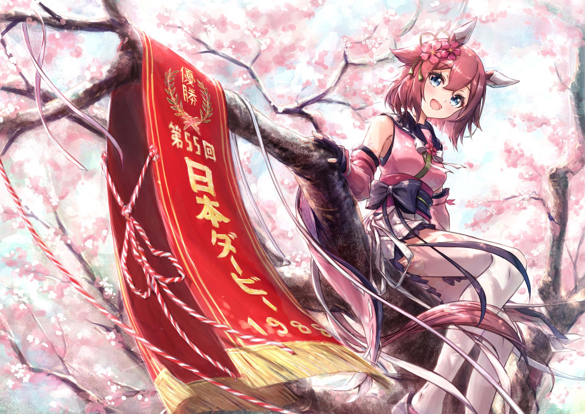 sarasuty, sakura chiyono o (hinoshita kaisan hana akari) (umamusume), sakura chiyono o (umamusume), umamusume, commentary request, highres, 1girl, animal ears, black gloves, blue eyes, blush, breasts, cherry blossoms, detached sleeves, ear covers, ear ornament, fingerless gloves, flower, gloves, hair between eyes, hair flaps, hair flower, hair ornament, horse ears, horse girl, horse tail, looking at viewer, medium hair, on tree, open mouth, pink hair, pink shirt, pink sleeves, shirt, sitting, skirt, smile, solo, tail, thighhighs, tokyo yushun, tree, white skirt, white thighhighs
