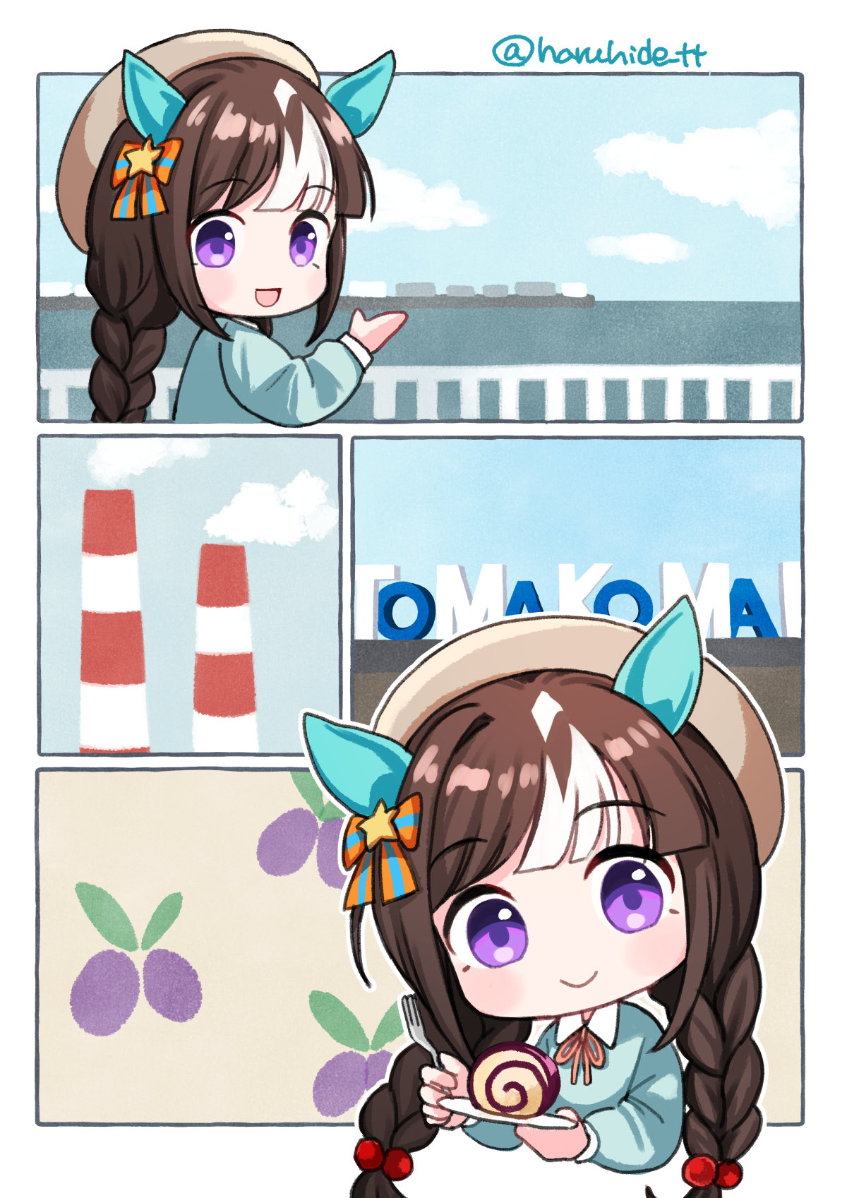 matsui haru, hokko tarumae (casual) (umamusume), hokko tarumae (umamusume), umamusume, commentary request, highres, 1girl, animal ears, aqua sweater, beret, blue sweater, blush, boat, braid, breasts, brown hair, casual, closed mouth, ear covers, food, haskap, hat, holding, holding plate, horse ears, horse girl, long braid, long hair, looking at viewer, multicolored hair, neck ribbon, open mouth, plate, purple eyes, ribbon, smile, smoke, smokestack, striped hair, sweater, tour guide, twin braids, watercraft, white hair, white hat, yoitomake (food)