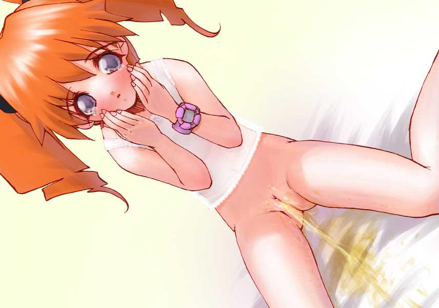 tekuteku (yuuhodou), junmai karin, medarot, 1girl, :o, bed, bed sheet, bedwetting, blue eyes, blush, bottomless, camisole, censored, cleft of venus, covered navel, dutch angle, embarrassed, female focus, flat chest, full cleft, hands on own face, indoors, lace, lingerie, loli, long hair, looking at viewer, open mouth, orange hair, pee, peeing, purposeful wetting, pussy, scrunchie, see-through clothes, simple background, sitting, solo, spread legs, stain, tears, twintails, uncensored, underwear, underwear only, wariza, watch, wristwatch, yellow background