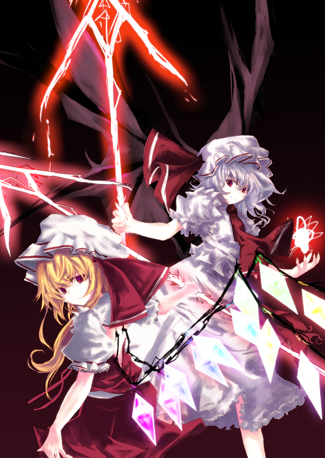 asagi (kabocha oukoku), hisago (pixiv), flandre scarlet, remilia scarlet, touhou, bad id, bad pixiv id, highres, 2girls, bat wings, female focus, magic, multiple girls, polearm, siblings, sisters, spear, spear the gungnir, weapon, wings