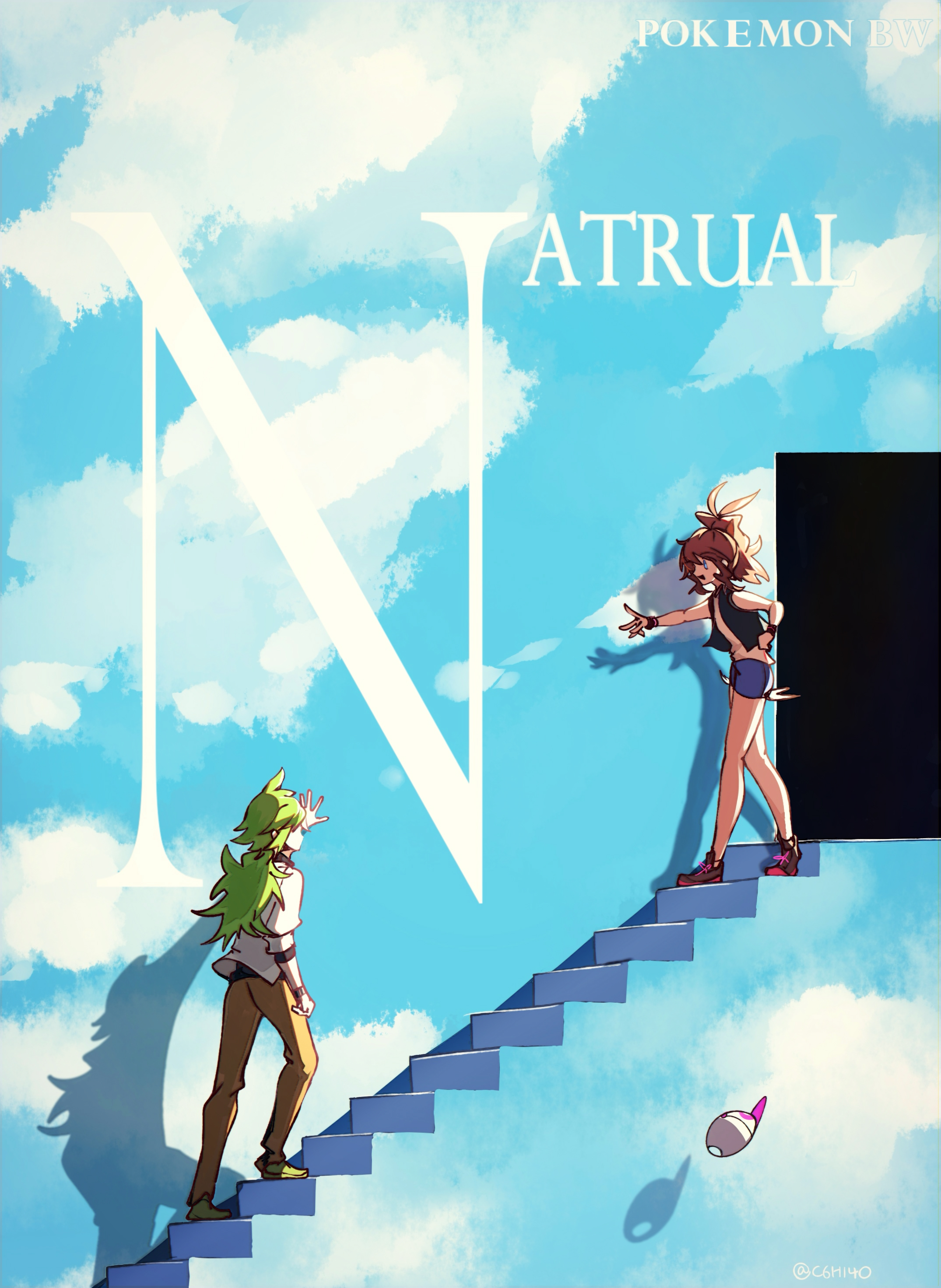 c6h14o0918, hilda (pokemon), n (pokemon), nintendo, pokemon, pokemon bw, the truman show, absurdres, commentary, english commentary, highres, 1boy, 1girl, baseball cap, black vest, brown hair, brown pants, cutoffs, denim, denim shorts, door, exposed pocket, green hair, hat, high ponytail, long hair, movie reference, open clothes, open vest, pants, ponytail, shirt, shorts, stairs, unworn hat, unworn headwear, vest, white shirt, wristband