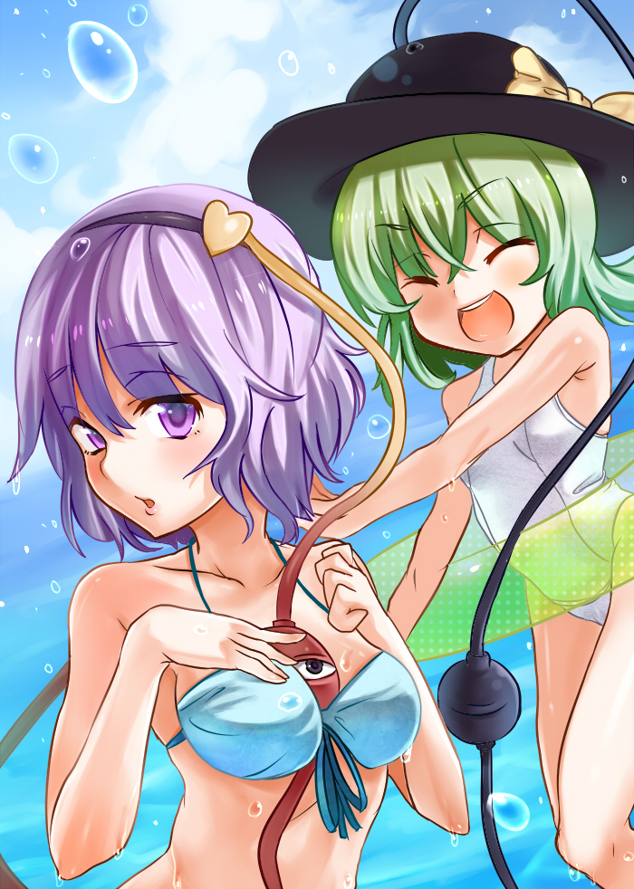 mamepon, komeiji koishi, komeiji satori, touhou, bad id, bad pixiv id, 2girls, beach, bikini, closed eyes, female focus, green hair, hairband, hat, heart, innertube, multiple girls, one-piece swimsuit, purple eyes, purple hair, short hair, siblings, sisters, smile, swim ring, swimsuit, water, wet, white one-piece swimsuit