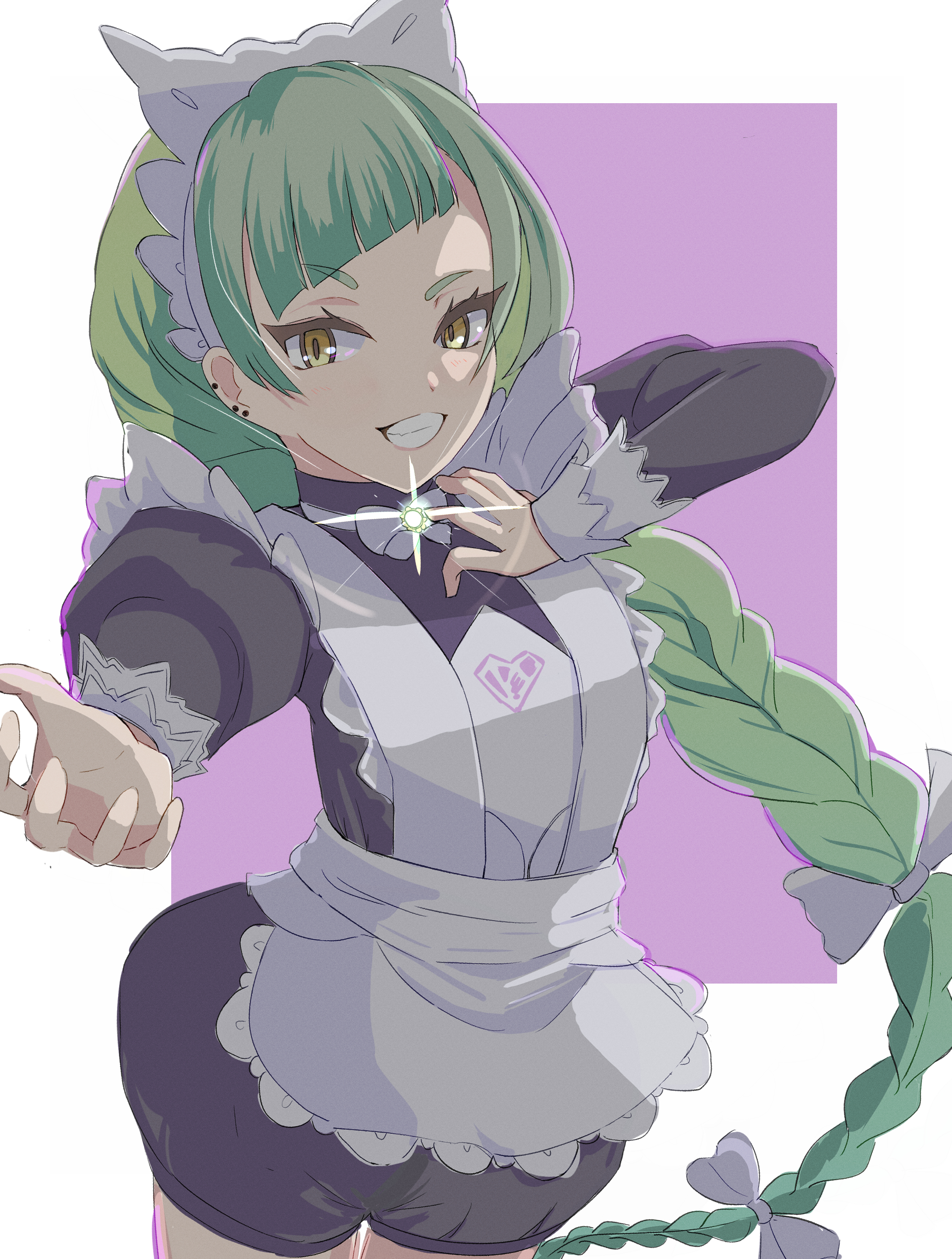 bizen kurage, lebanne (pokemon), nintendo, pokemon, pokemon legends: z-a, absurdres, commentary request, highres, 1girl, apron, black romper, blunt bangs, bow, bowtie, braid, braided ponytail, breasts, brown eyes, glowing, green hair, long braid, long hair, long sleeves, looking at viewer, maid, maid apron, maid headdress, mega stone, open mouth, puffy sleeves, romper, smile, solo, teeth, tsurime, white bow, white bowtie
