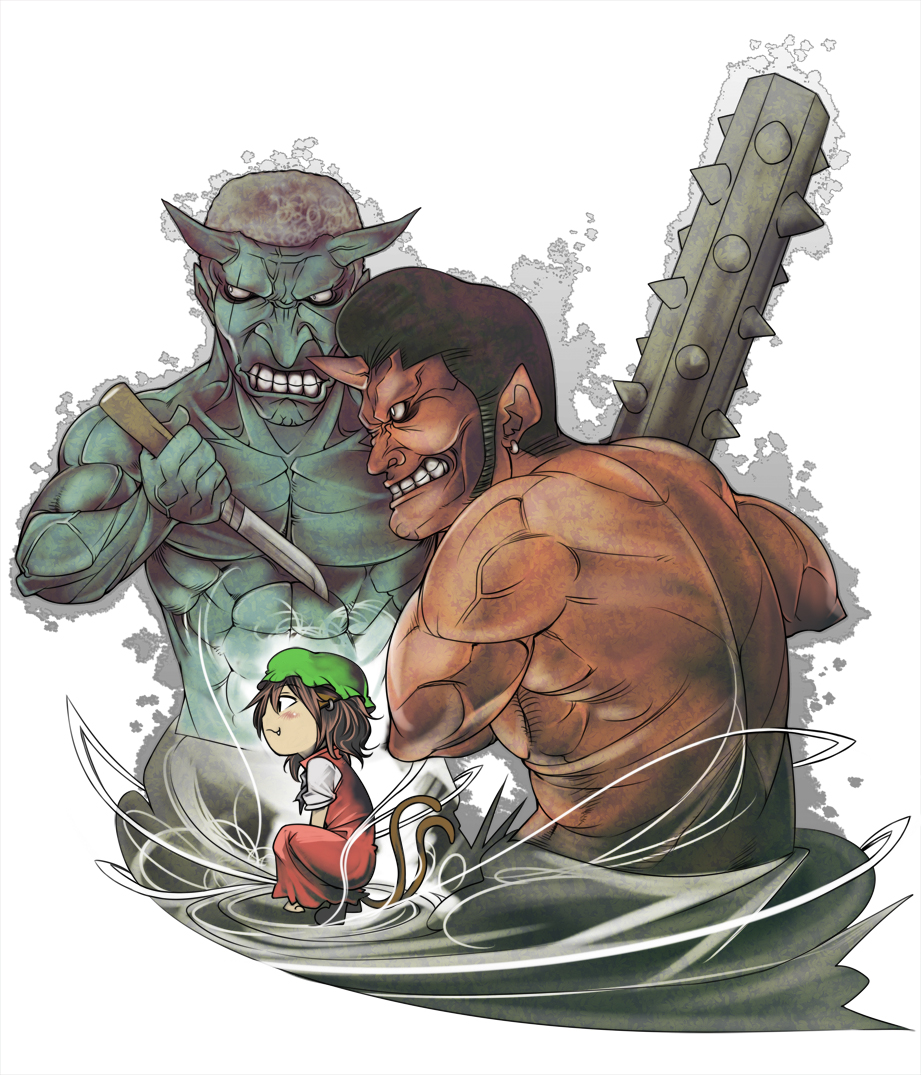 tokomichi, chen, touhou, bad id, bad pixiv id, 1girl, 2boys, animal ears, blue hair, blue oni, brown hair, cat ears, cat tail, club (weapon), earrings, hat, horns, jewelry, kanabou, knife, multiple boys, multiple tails, oni, red oni, short hair, single horn, tail, weapon