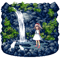 tozaki makoto, original, animated, animated gif, lowres, cat, day, dress, hair flaps, pixel art, plant, ripples, solo, standing, transparent background, wading, water, waterfall
