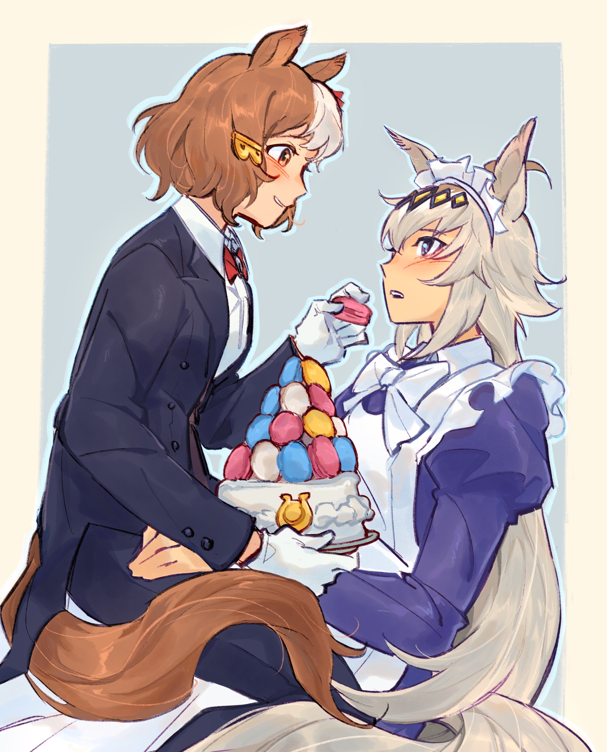 tanukimo imo, belno light (umamusume), oguri cap (umamusume), umamusume, umamusume: cinderella gray, absurdres, commentary, english commentary, highres, 2girls, ahoge, animal ears, apron, black jacket, black pants, blue eyes, blush, bow, brown hair, butler, cake, collared shirt, dress, ear ornament, ear ribbon, feeding, food, gloves, grey hair, grey tail, hair between eyes, hair ornament, hairband, holding, holding tray, horse ears, horse girl, horse tail, jacket, letter hair ornament, long hair, long sleeves, looking at another, macaron, maid, maid apron, maid headdress, multicolored hair, multiple girls, open clothes, open jacket, open mouth, pants, purple dress, red bow, shirt, short hair, sitting, sitting on lap, sitting on person, smile, tail, tray, two-tone hair, white apron, white bow, white gloves, white hair, white shirt, yuri