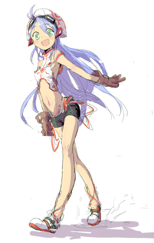 umakura, original, blue hair, long hair, midriff, short shorts, shorts, solo