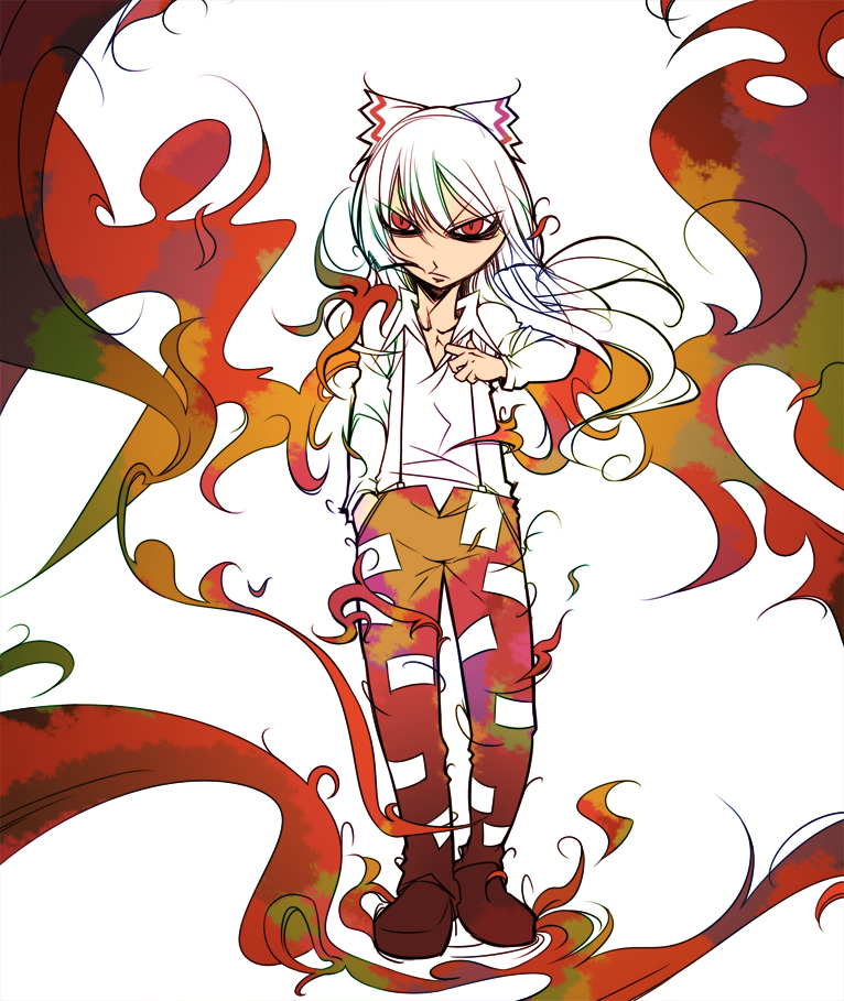 tokomichi, fujiwara no mokou, touhou, bad id, bad pixiv id, 1girl, female focus, fire, full body, hair ribbon, pants, ribbon, solo, standing, suspenders, white background, white hair