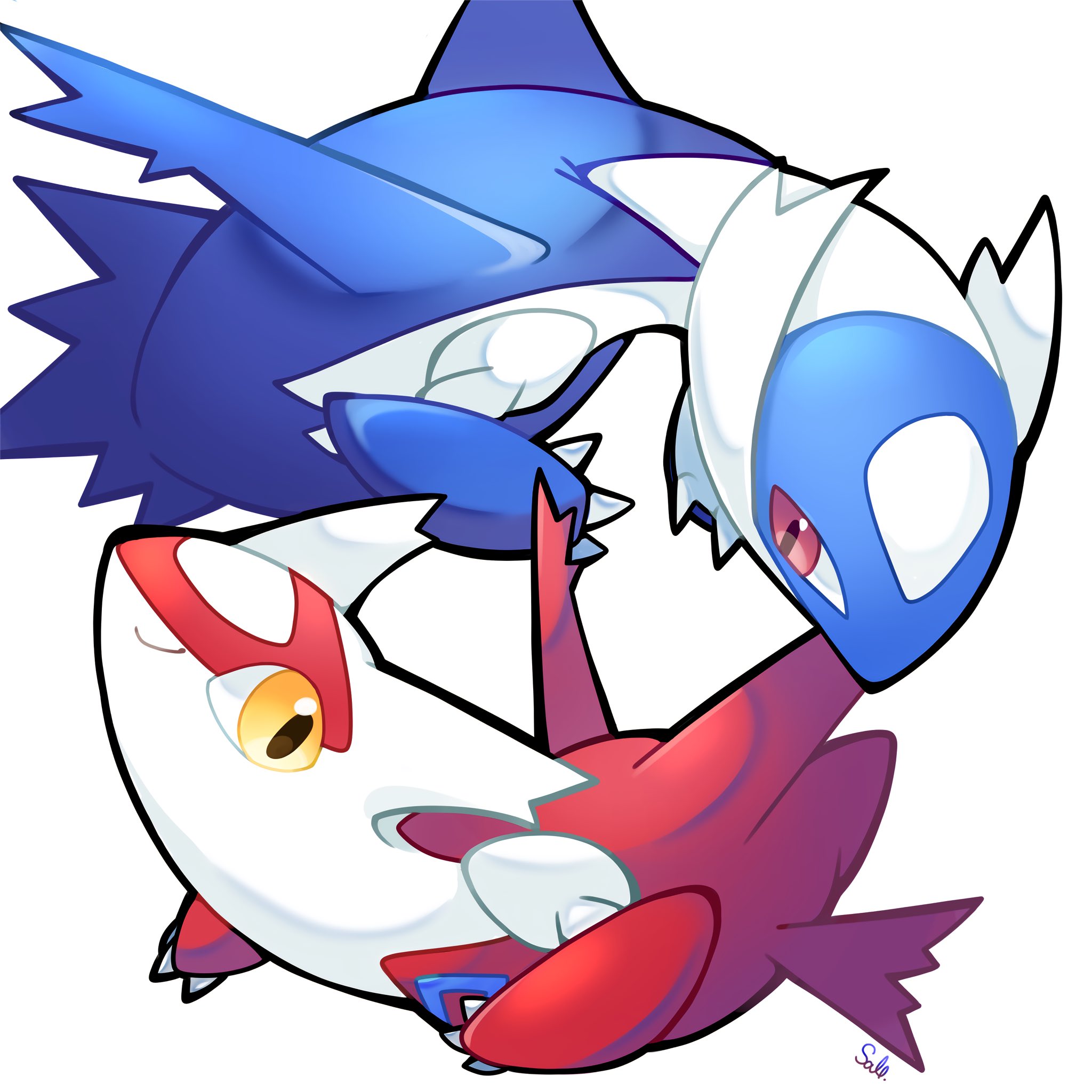 cp9 zr, latias, latios, nintendo, pokemon, commentary request, highres, claws, dragon, full body, gen 3 pokemon, legendary pokemon, no humans, pokemon (creature), pokemon focus, red eyes, simple background, smile, white background, wings, yellow eyes
