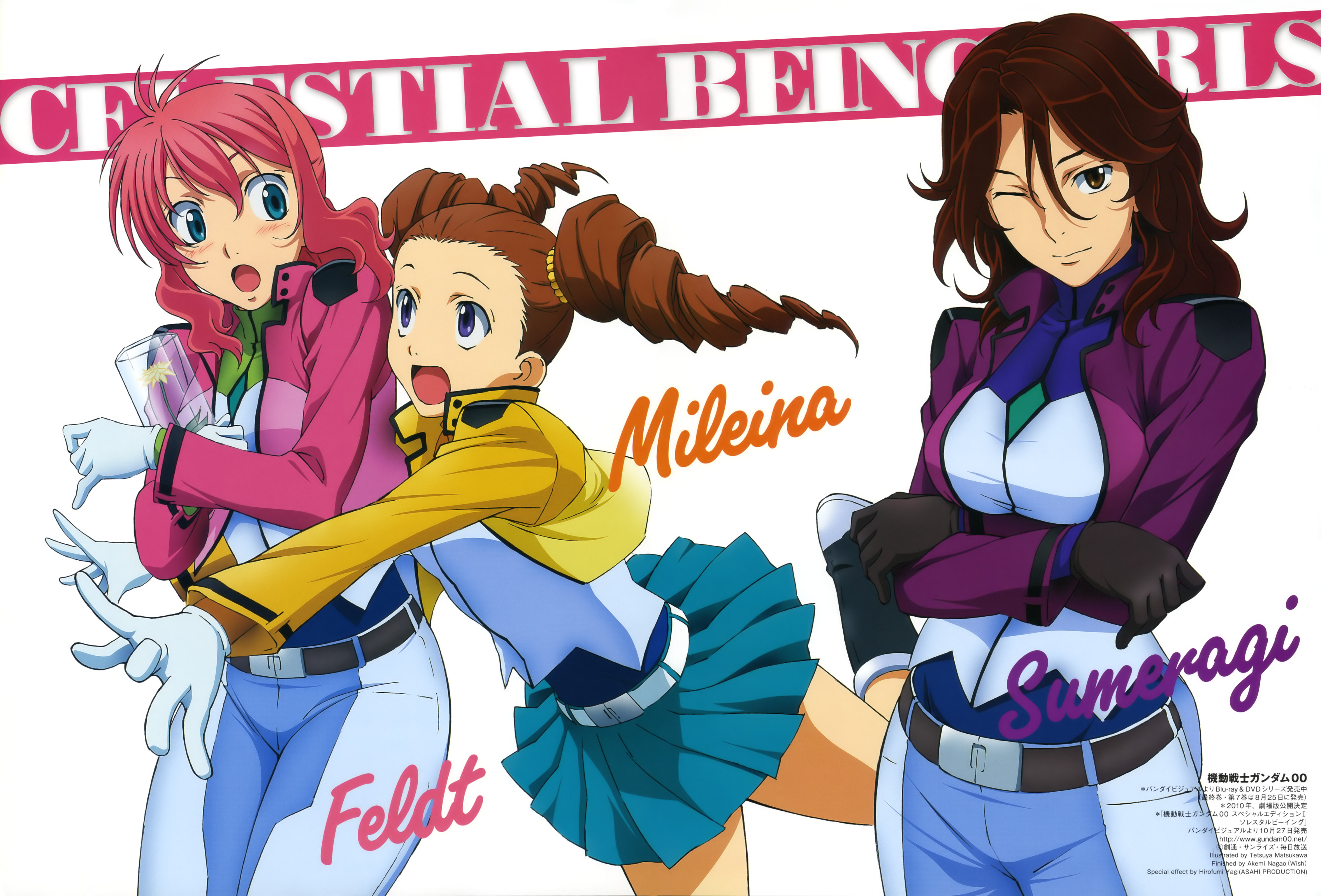 matsukawa tetsuya, feldt grace, mileina vashti, sumeragi lee noriega, gundam, gundam 00, absurdres, highres, official art, 00s, 3girls, blush, brown hair, character name, drill hair, hair between eyes, multiple girls, pink hair