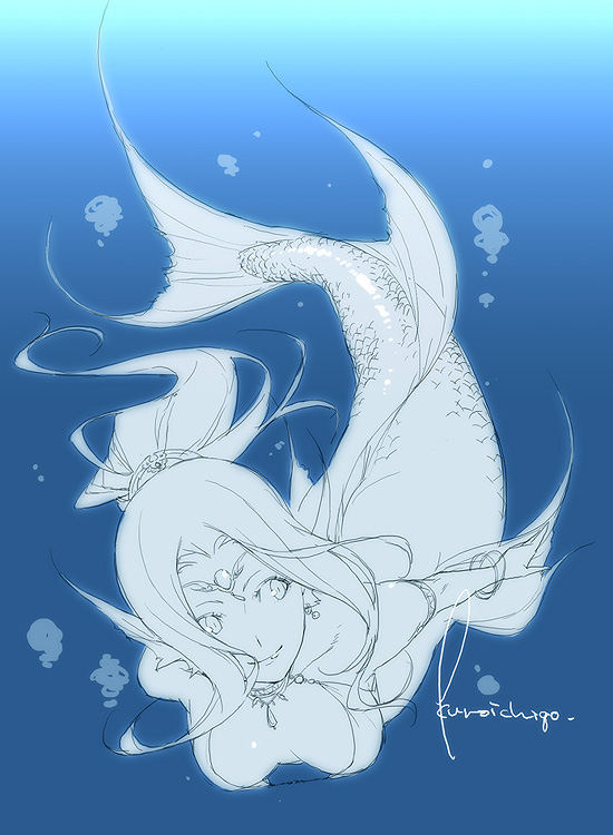 kyo (kuroichigo), original, 1girl, armlet, artist name, blue background, blue theme, bracelet, breasts, breasts apart, bubble, earrings, female focus, fins, gradient background, head fins, jewelry, mermaid, monochrome, monster girl, necklace, scales, smile, solo, swimming, tiara, underwater