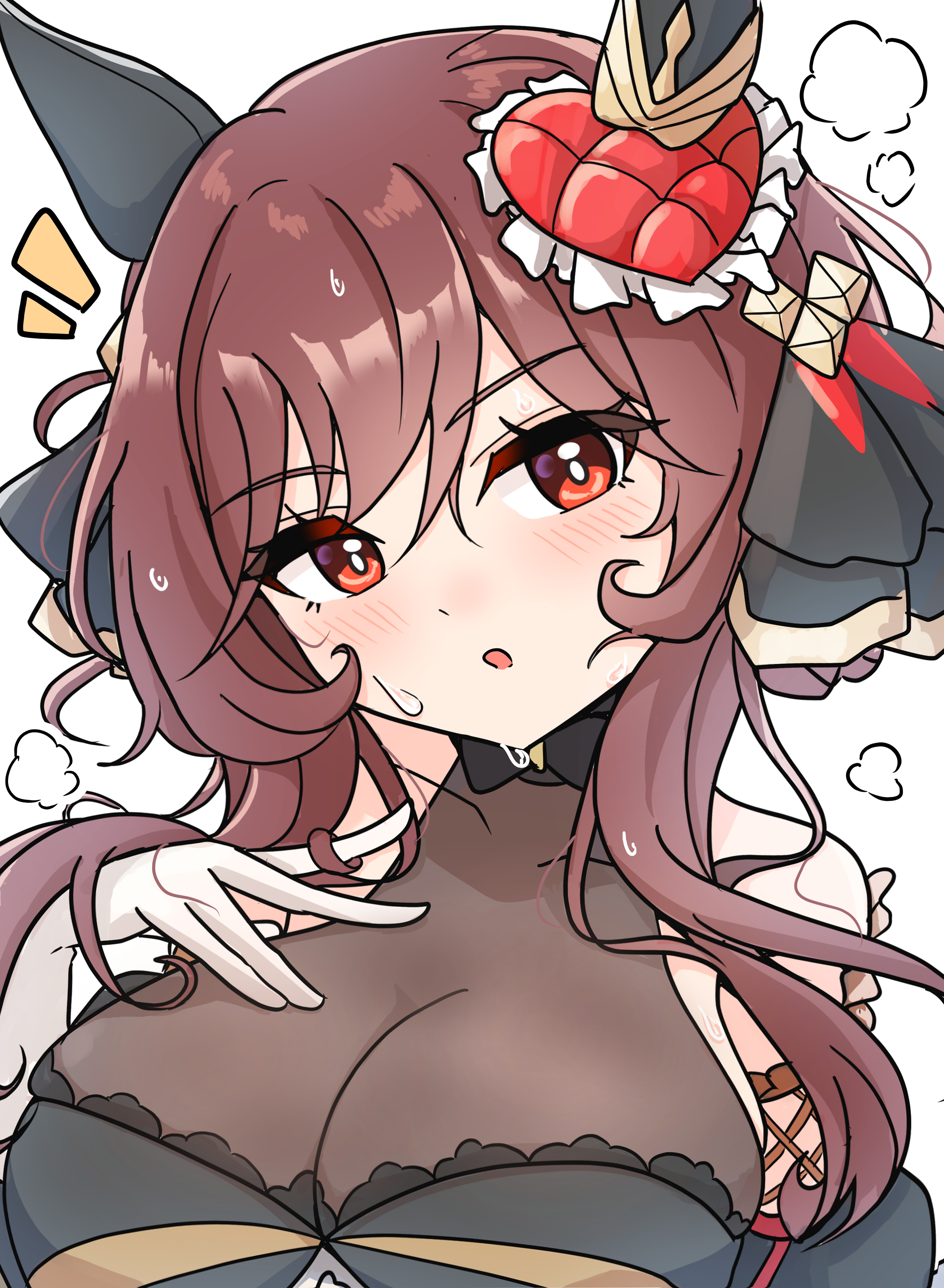 arnolddayo, gentildonna (regina dei fiori) (umamusume), gentildonna (umamusume), umamusume, absurdres, commentary request, highres, 1girl, animal ears, bare shoulders, blush, braid, braided hair rings, breasts, brown hair, cleavage, dress, ear covers, ear ornament, gloves, hair between eyes, hair ornament, hair rings, heart-shaped ornament, heart ear ornament, horse ears, horse girl, large breasts, long hair, looking at viewer, parted lips, red eyes, see-through cleavage, see-through clothes, solo, upper body, white gloves