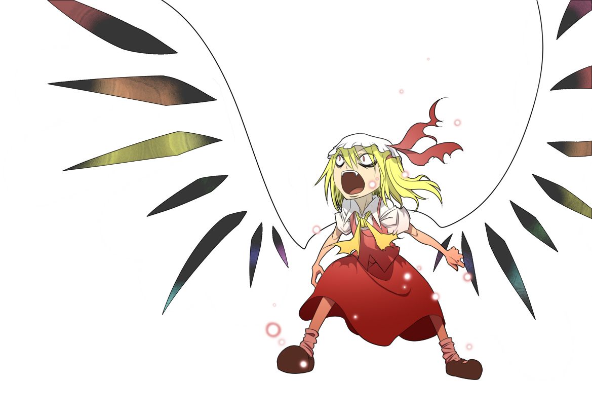 tokomichi, flandre scarlet, touhou, bad id, bad pixiv id, 1girl, blonde hair, blouse, collared shirt, fangs, female focus, full body, hair between eyes, hat, mob cap, shirt, simple background, socks, solo, standing, vampire, white background, white hat, white shirt, white socks, wings